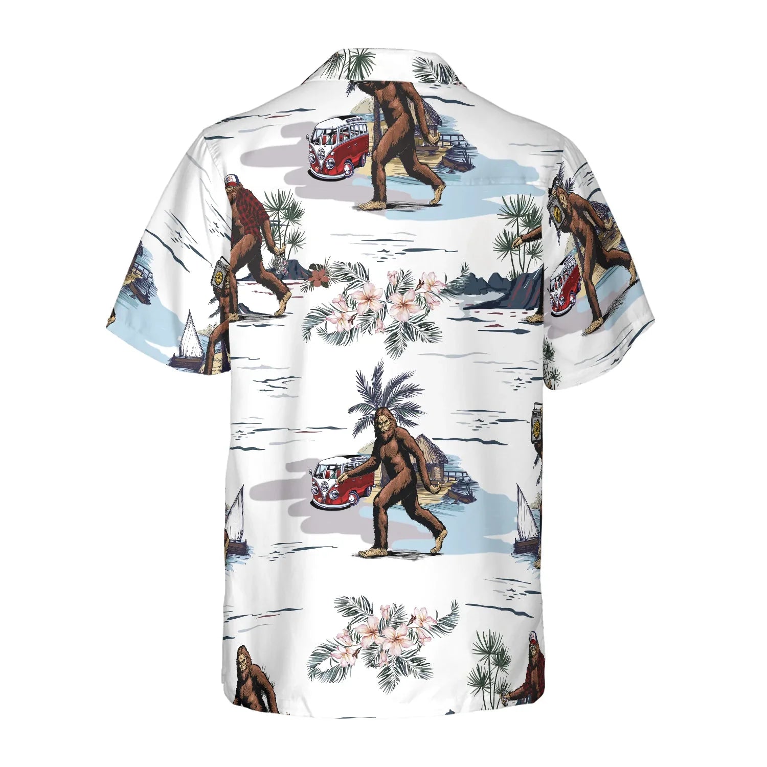 Bigfoots Are Ready For Summer Bigfoot Hawaiian Shirt, White Tropical Floral Bus Trip Bigfoot Shirt For Men, Best Gift For Men, Husband, Boyfriend