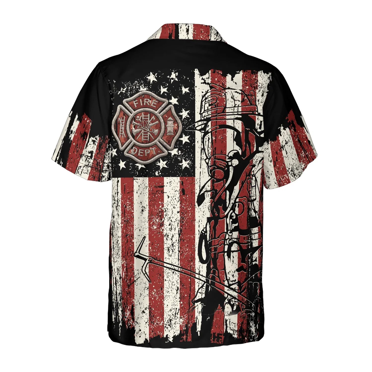 Black American Flag Fire Dept Firefighter Hawaiian Shirt, Fire Department Badge Firefighter Shirt For Men, Perfect Gift For American Flag Lovers, Friends, Husband, Boyfriend, Family