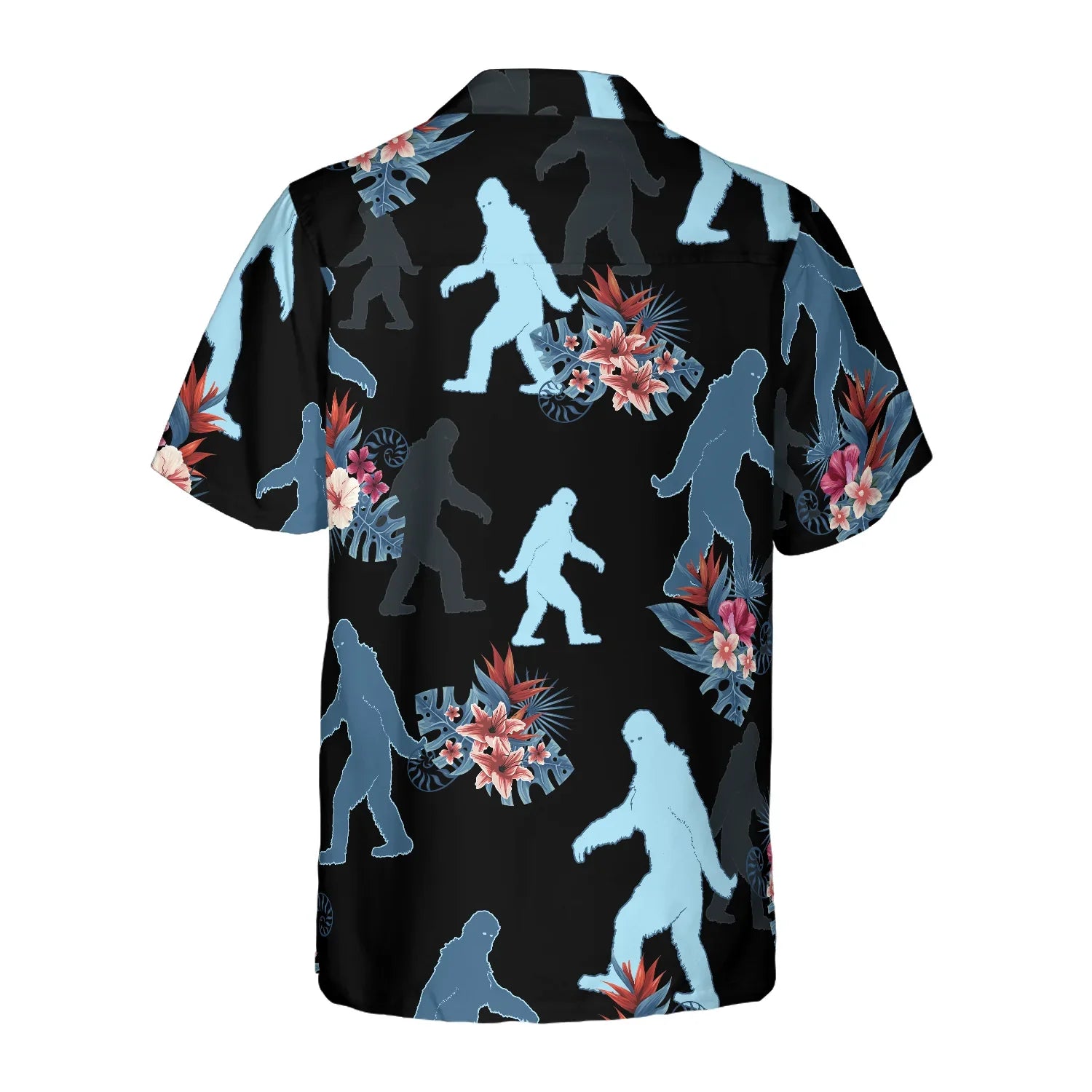 Bigfoot Tropical Leaves Bigfoot Hawaiian Shirt, Black Tropical Floral Bigfoot Shirt For Men, Bigfoot Tropical Summer Flowers Aloha Shirt For Men, Perfect Gift For Summer Lovers, Friends, Husband, Boyfriend, Family