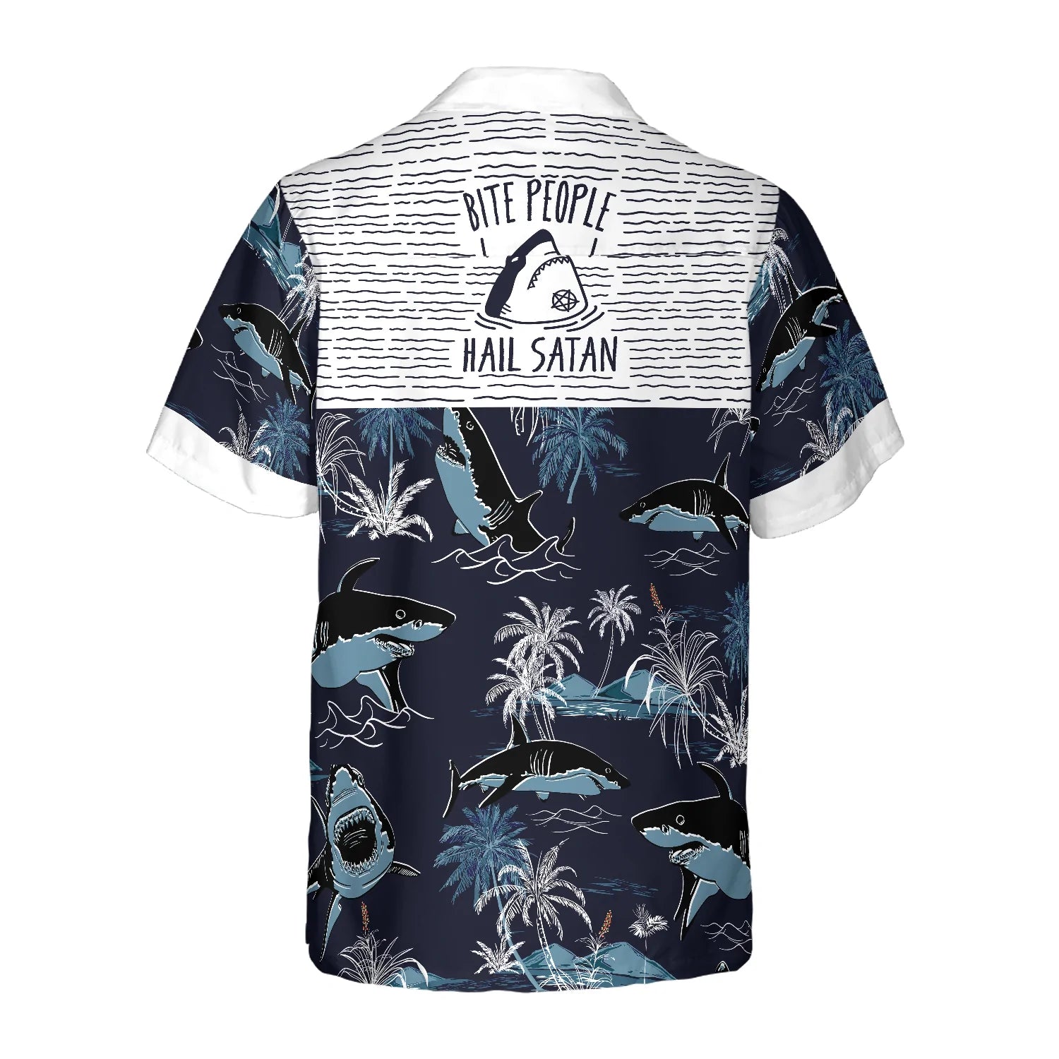Bite People Hail Satan Shark Hawaiian Shirt, Shark Aloha Shirt - Perfect Gift For Shark Lover, Husband, Wife, Boyfriend, Girlfriend, Family, Friends