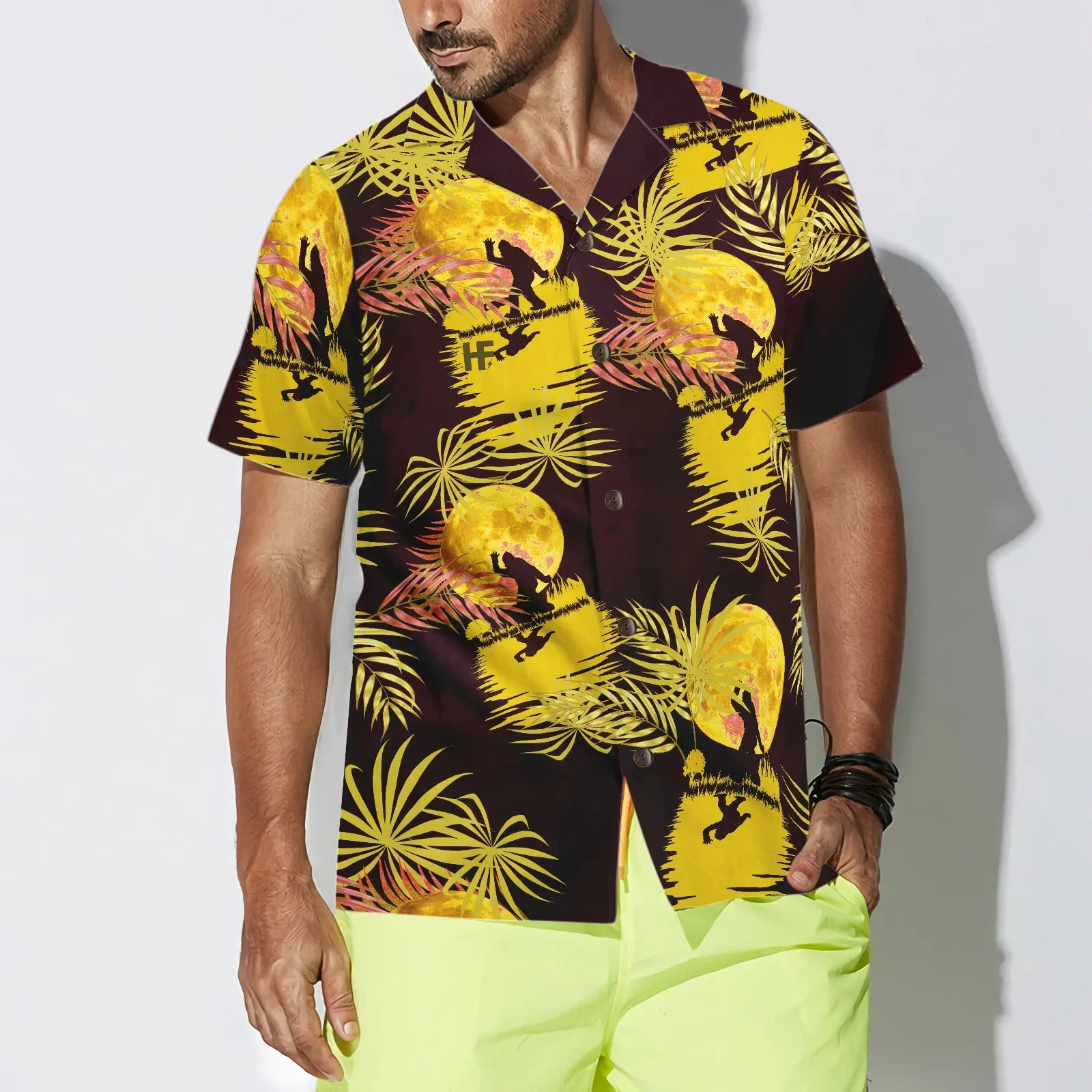 Bigfoot Tropical Yellow Moon Bigfoot Hawaiian Shirt, Purple And Yellow Dancing In The Moonlight Bigfoot Shirt For Men, Aloha Tropical Summer Shirt Gift For Men, Perfect Gift For Bigfoot Lovers, Friends, Husband, Boyfriend, Family