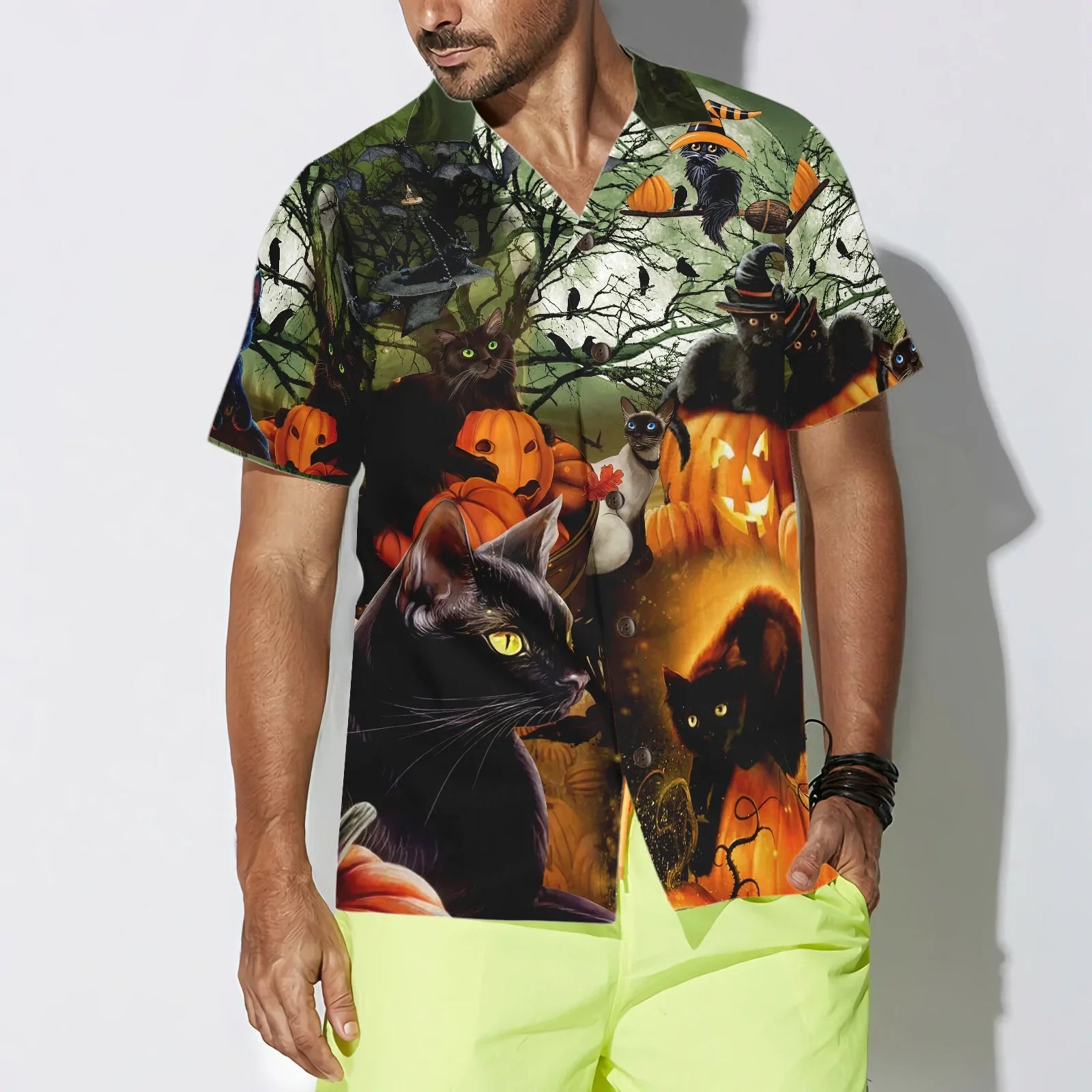 Black Cat And The Pumpkin Hawaiian Shirt, Halloween Hawaiian Shirt For Men And Women, Best Gift For Husband, Boyfriend, Friends, Family