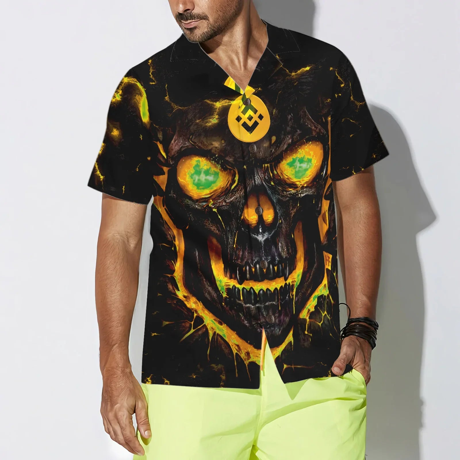 Binance Coin Skull Fire Hawaiian Shirt, Binance Coin Skull Aloha Shirt For Men - Perfect Gift For Bitcoin Lovers, Family, Friends, Husband, Boyfriend