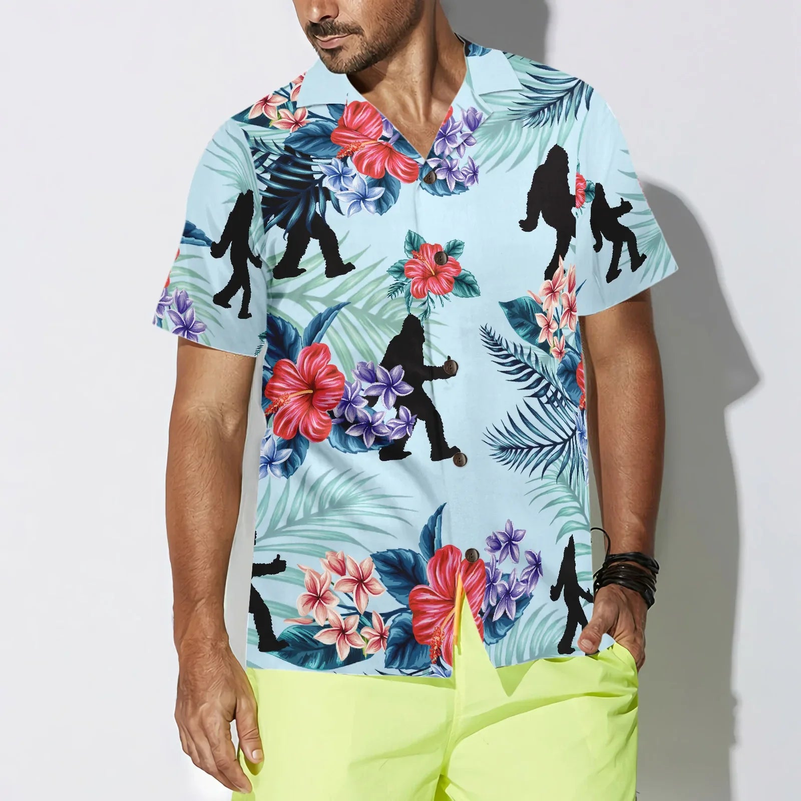 Bigfoot Bluebonnet Bigfoot Hawaiian Shirt, Arctic Blue Texas Floral And Leaves Bigfoot Shirt For Men, Bigfoot Tropical Flowers Aloha Shirt For Men, Perfect Gift For Summer Lovers, Friends, Husband, Boyfriend, Family