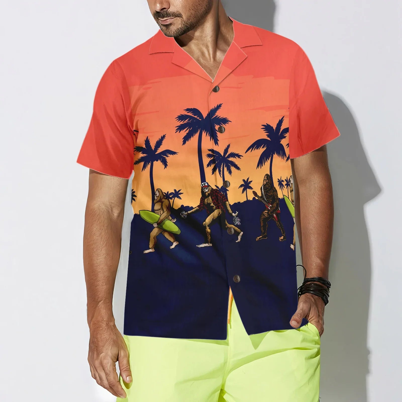 Bigfoot Needs A Vacation Bigfoot Hawaiian Shirt, Vintage Dawn Palette Tropical Bigfoot Surfer Shirt, Bigfoot Sunset Summer Tropical Aloha Shirt For Men, Perfect Gift For Summer Lovers, Friends, Husband, Boyfriend, Family, Bigfoot Lovers