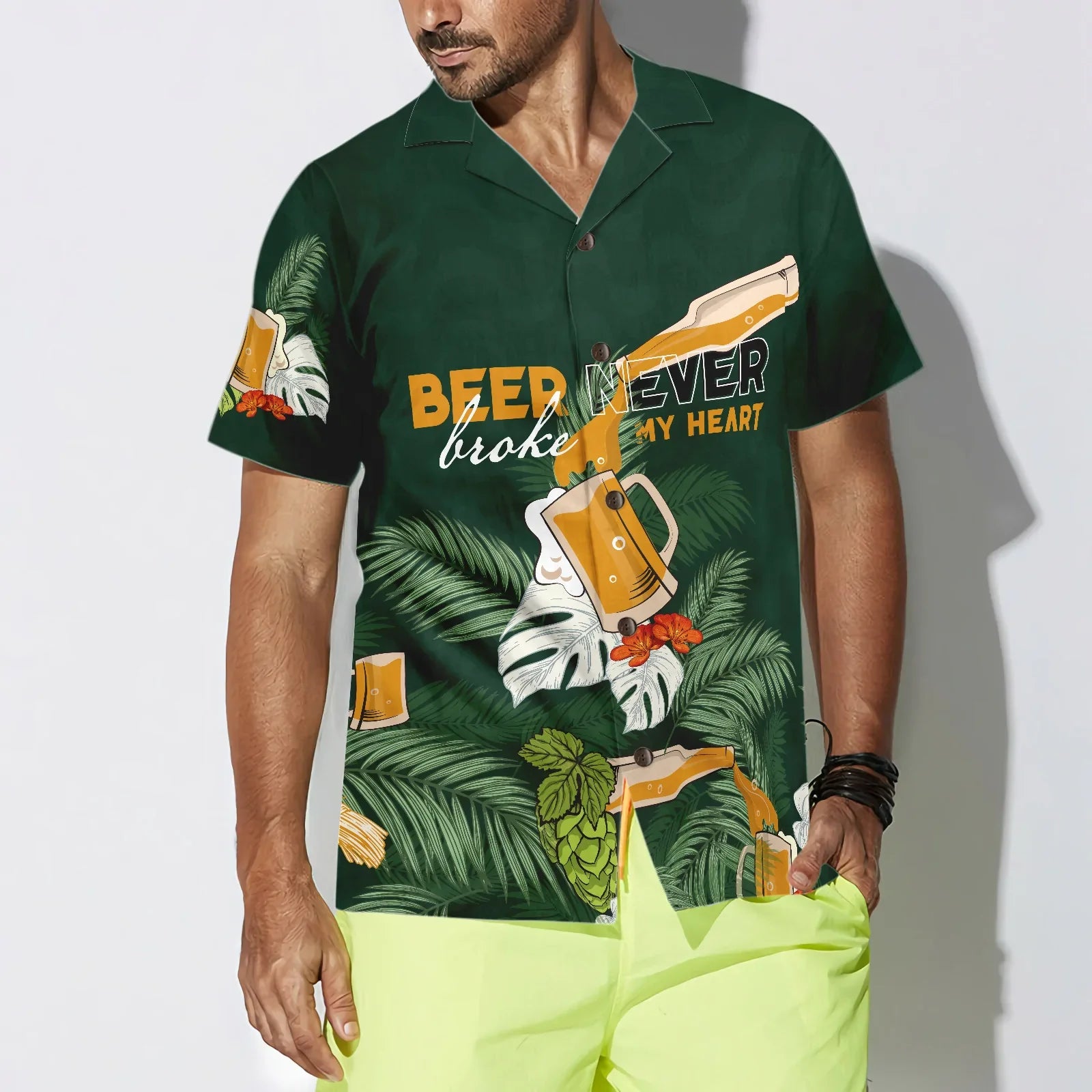 Beer never broke my heart Hawaiian Shirt For Men, Beer Lovers Aloha Shirts, International Beer Day Shirt, Beer Tropical Summer, Tropical Flowers, Tropical Leaves For Men, Perfect Gift For Beer Lovers, Friends, Husband, Boyfriend, Family