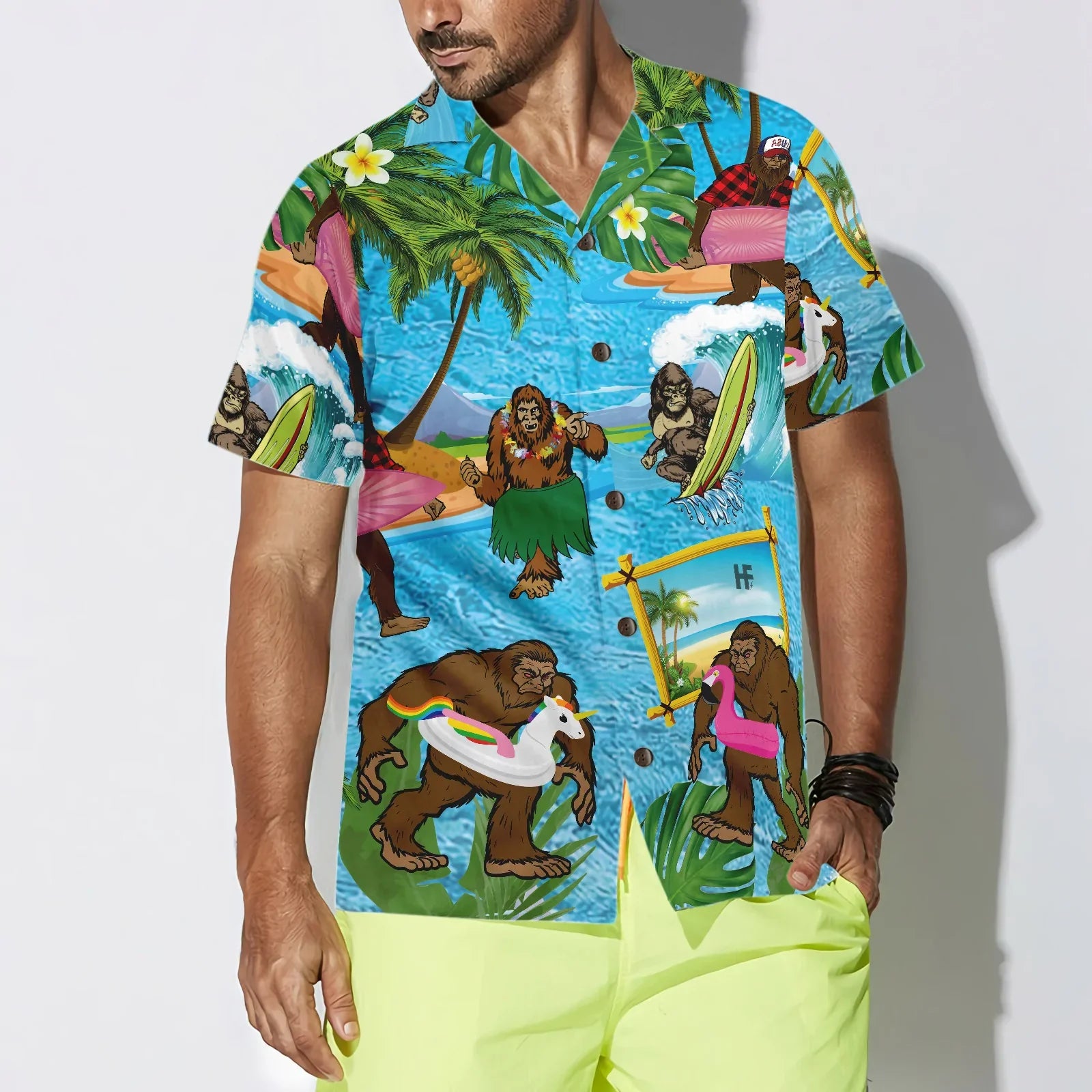 Bigfoot On The Beach, Bigfoot Hawaiian Shirt, Tropical Aloha Wave Surfing Bigfoot Shirt For Men, Bigfoot Summer Beach Aloha Shirt For Men, Perfect Gift For Beach Lovers, Friends, Husband, Boyfriend, Family, Summer Lovers