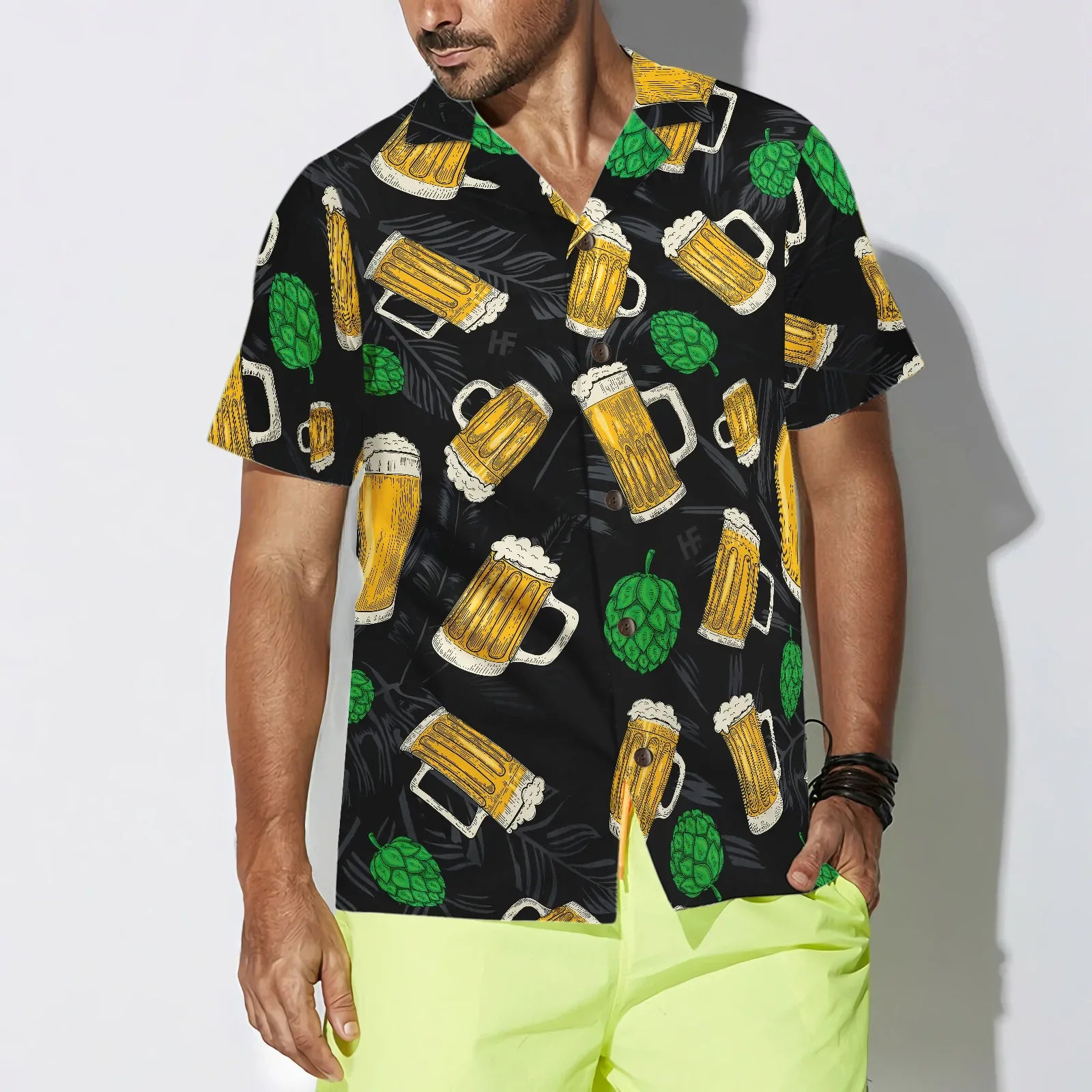 Beer Mugs And Hop Hawaiian Shirt, Beer Mug Yellow Tropical Summer Aloha Shirt For Men And Women, Perfect Gift For Beer Lovers, Friends, Husband, Boyfriend, Family