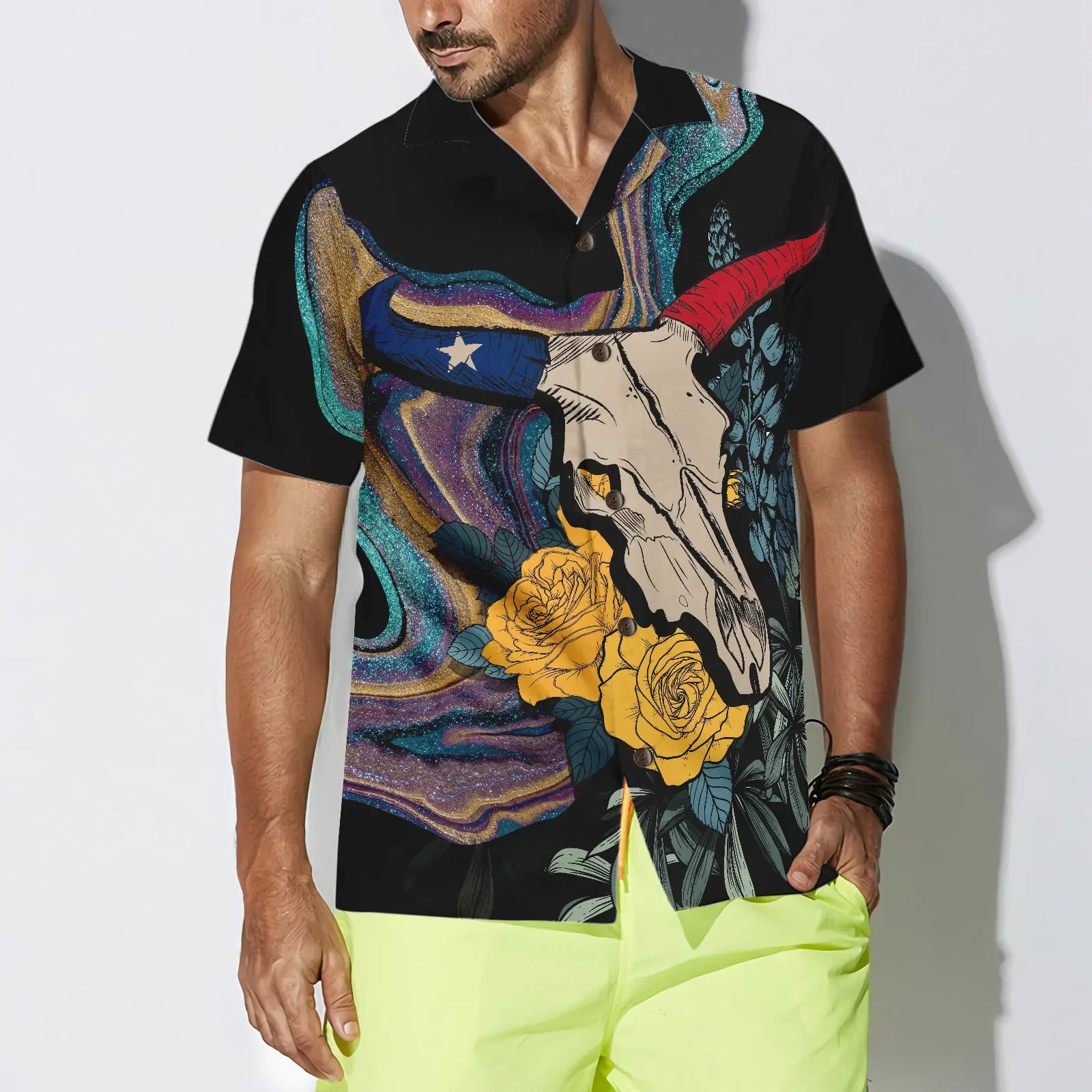 Artistic Longhorn Skull Texas Hawaiian Shirt, Black Royal Gold Rose Aloha Shirt For Men, Bluebonnet Proud Texas Shirt For Texans, Best Gift For Summer, Husband, Boyfriend
