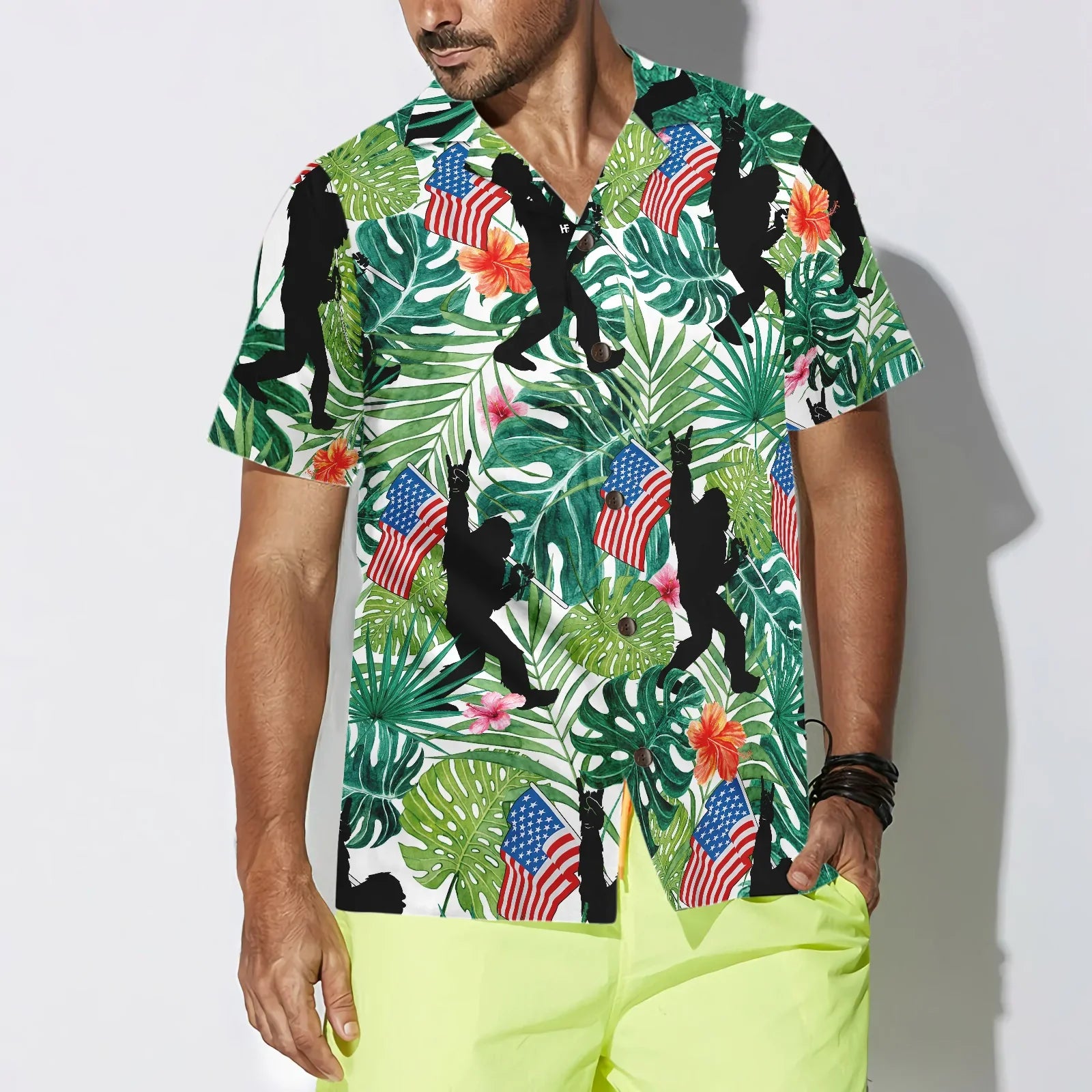Bigfoot Tropical Hold USA Flag Bigfoot Hawaiian Shirt, Floral American Flag Bigfoot Shirt For Men, Aloha Bigfoot Tropical Shirt, Perfect Gift For Summer Lovers, Friends, Husband, Boyfriend, Family