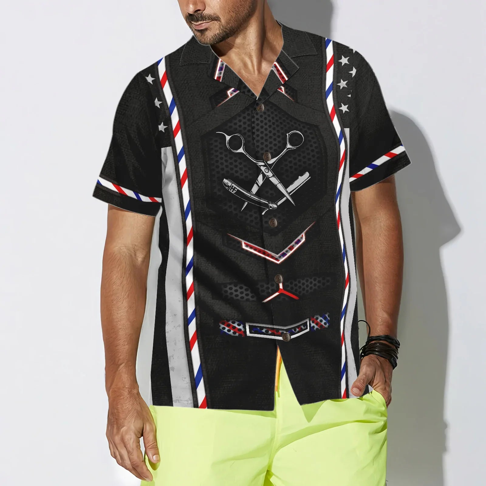 Black American Flag Barber Hawaiian Shirt, Barber Aloha Shirt For For Men - Perfect Gift For Barber, Husband, Boyfriend, Family, Friends