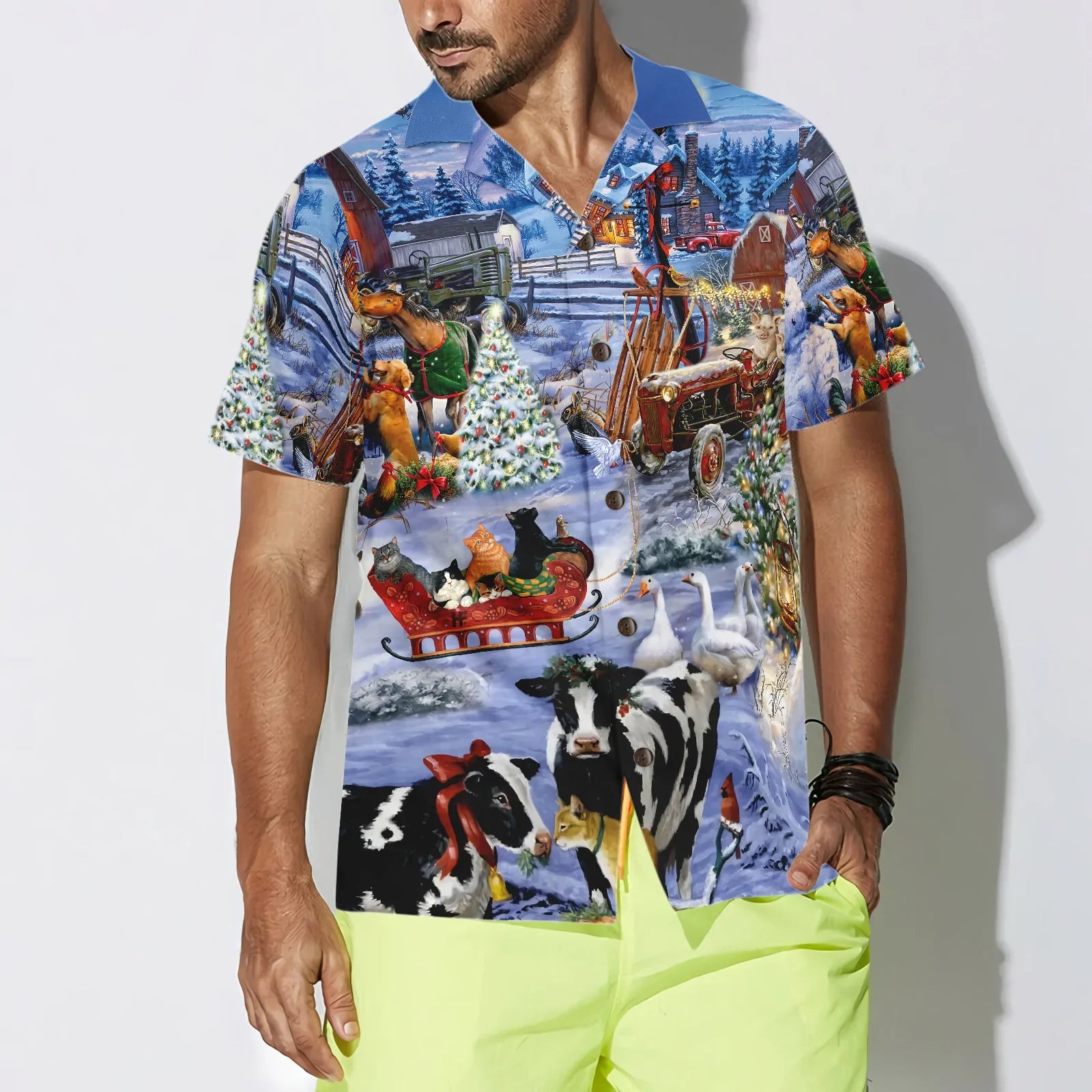 Beautiful Farm On Christmas Hawaiian Shirt, Pretty Animals On Farm, Christmas Farmhouse Hawaiian Shirt For Men, Perfect Gift For Farm Lovers, Friends, Husband, Boyfriend, Family