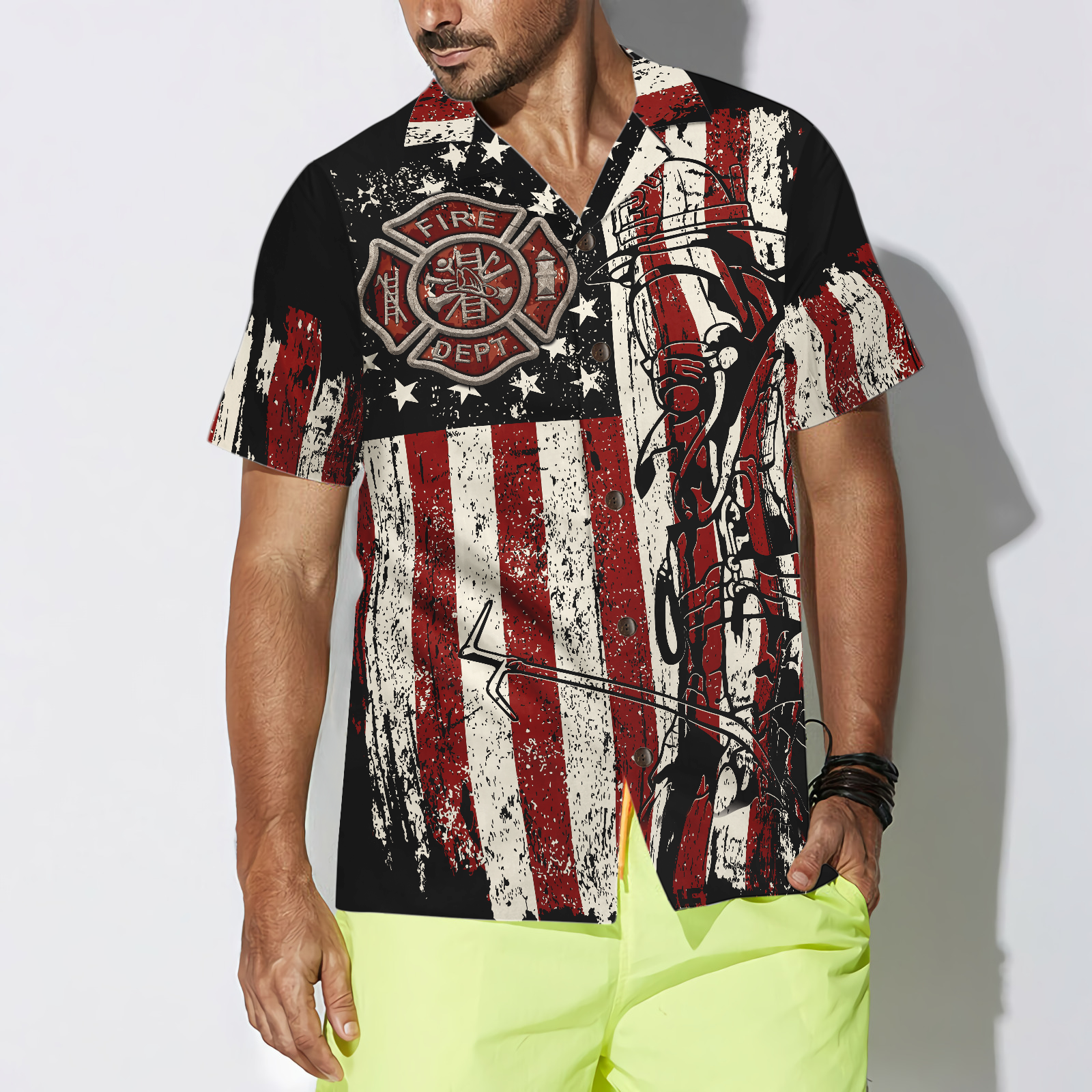 Black American Flag Fire Dept Firefighter Hawaiian Shirt, Fire Department Badge Firefighter Shirt For Men, Best Gift For Firefighter
