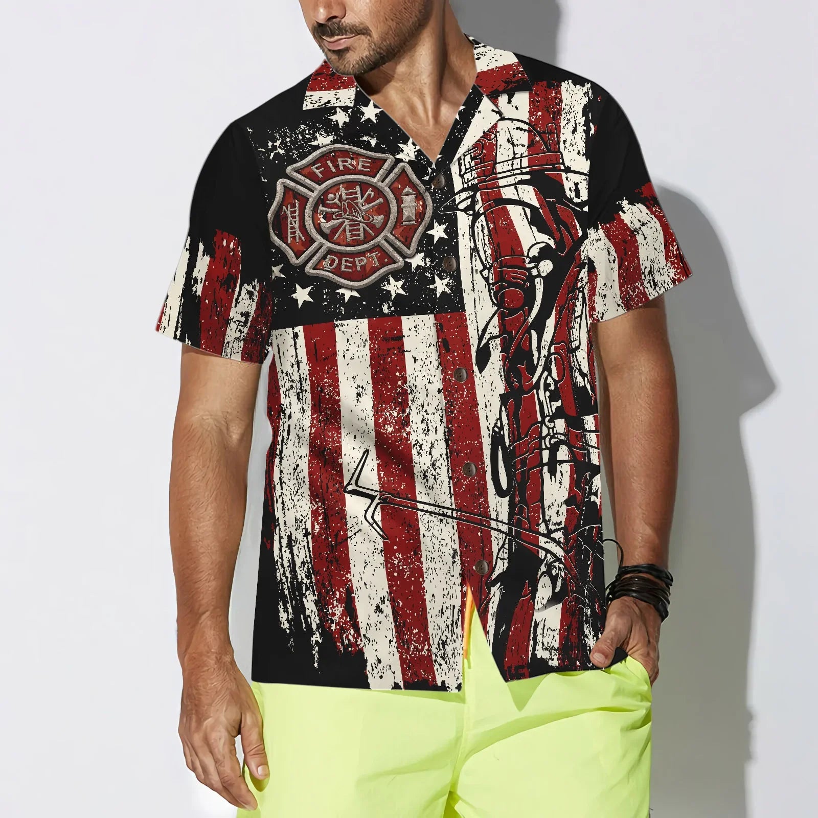 Black American Flag Fire Dept Firefighter Hawaiian Shirt, Fire Department Badge Firefighter Shirt For Men, Perfect Gift For American Flag Lovers, Friends, Husband, Boyfriend, Family