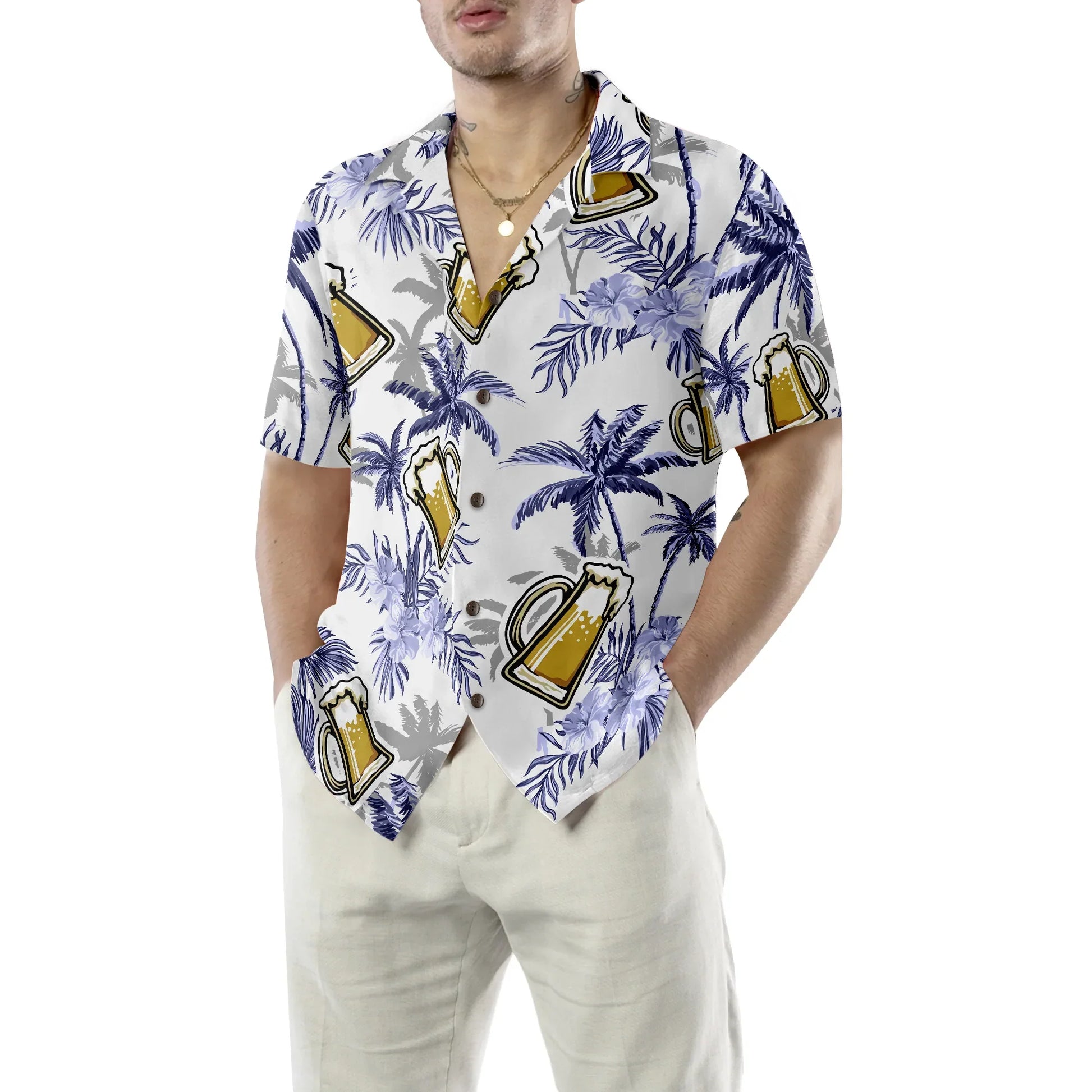 Beer Coconut Tree Hawaiian Shirt, Beer Mug Yellow Hawaiian Shirt, Beer Tropical Summer Aloha Shirt For Men, Perfect Gift For Beer Lovers, Friends, Husband, Boyfriend, Family