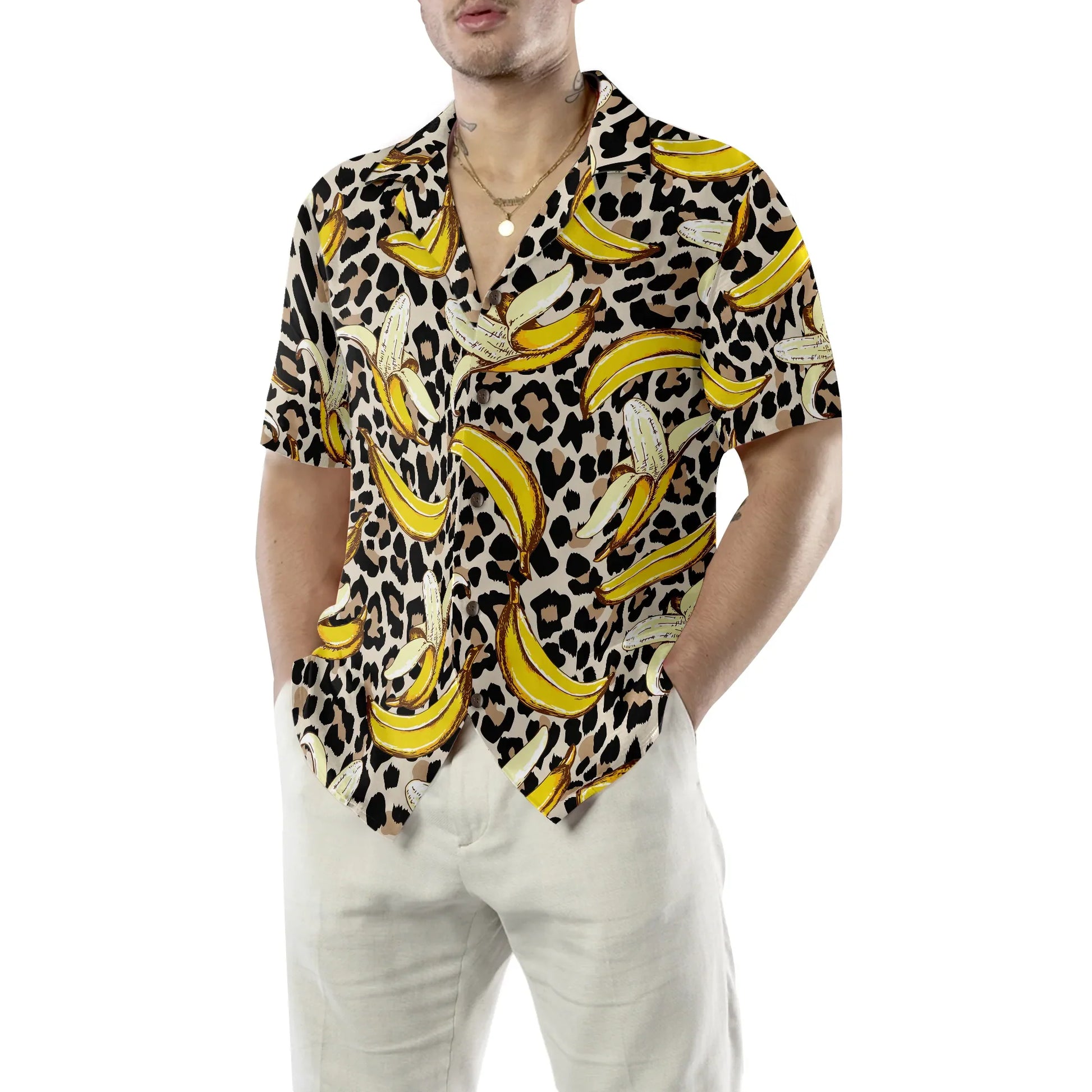 Banana On Leopard Pattern Hawaiian Shirt, Funny Banana Pattern Aloha Shirt For Men & Women, Best Gift For Summer, Husband, Boyfriend, Wife, Girlfriend