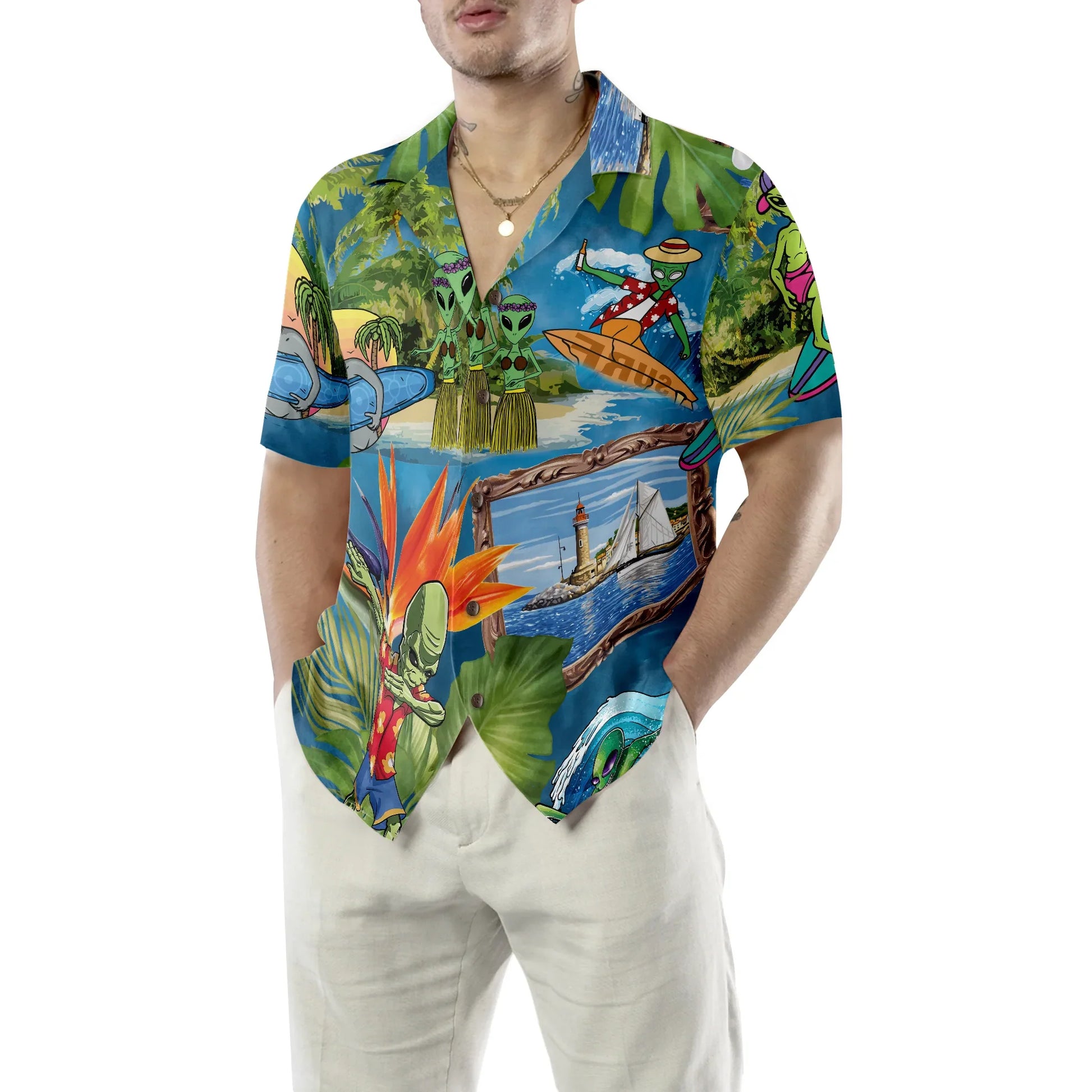 Alien Tropical Summer Hawaiian Shirt, Summer Beach Aloha Shirt For Men And Women, Perfect Gift For Friends, Husband, Boyfriend, Wife, Girlfriend, Family