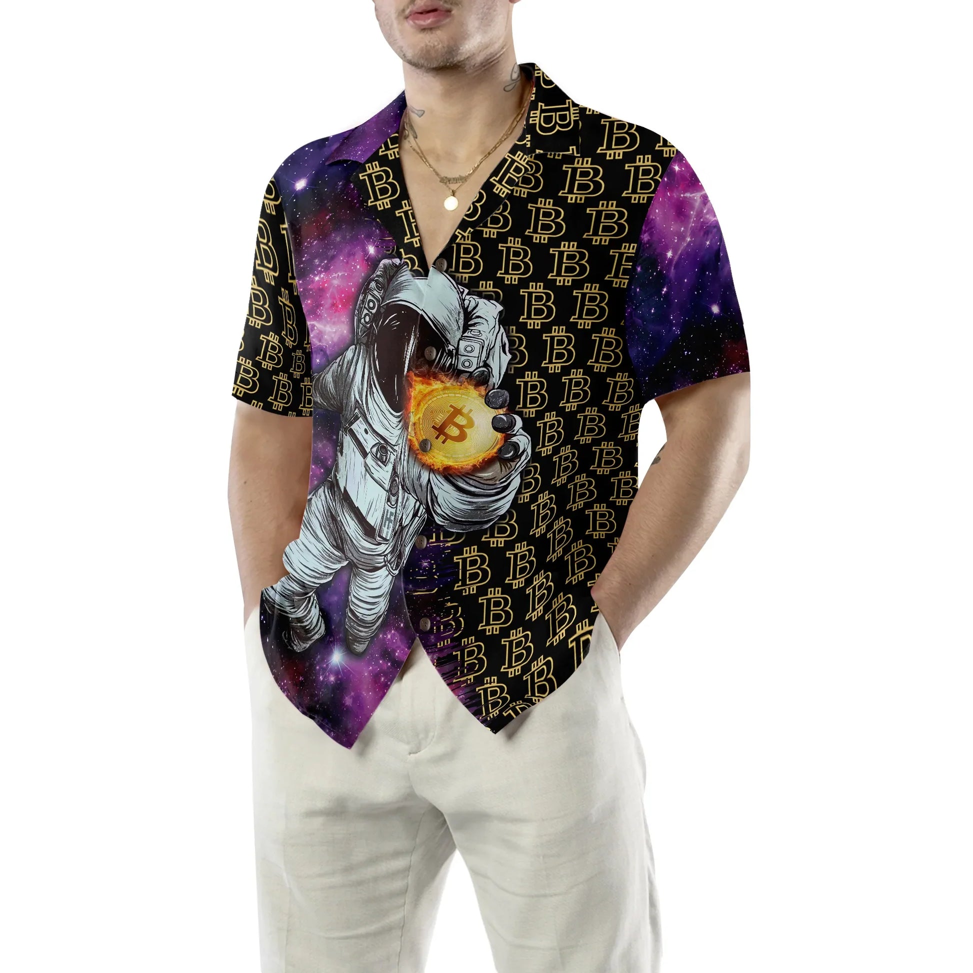 Bitcoin In The Galaxy Hawaiian Shirt, Bitcoin Aloha Shirt For Men - Perfect Gift For Bitcoin Lovers, Family, Friends, Husband, Boyfriend