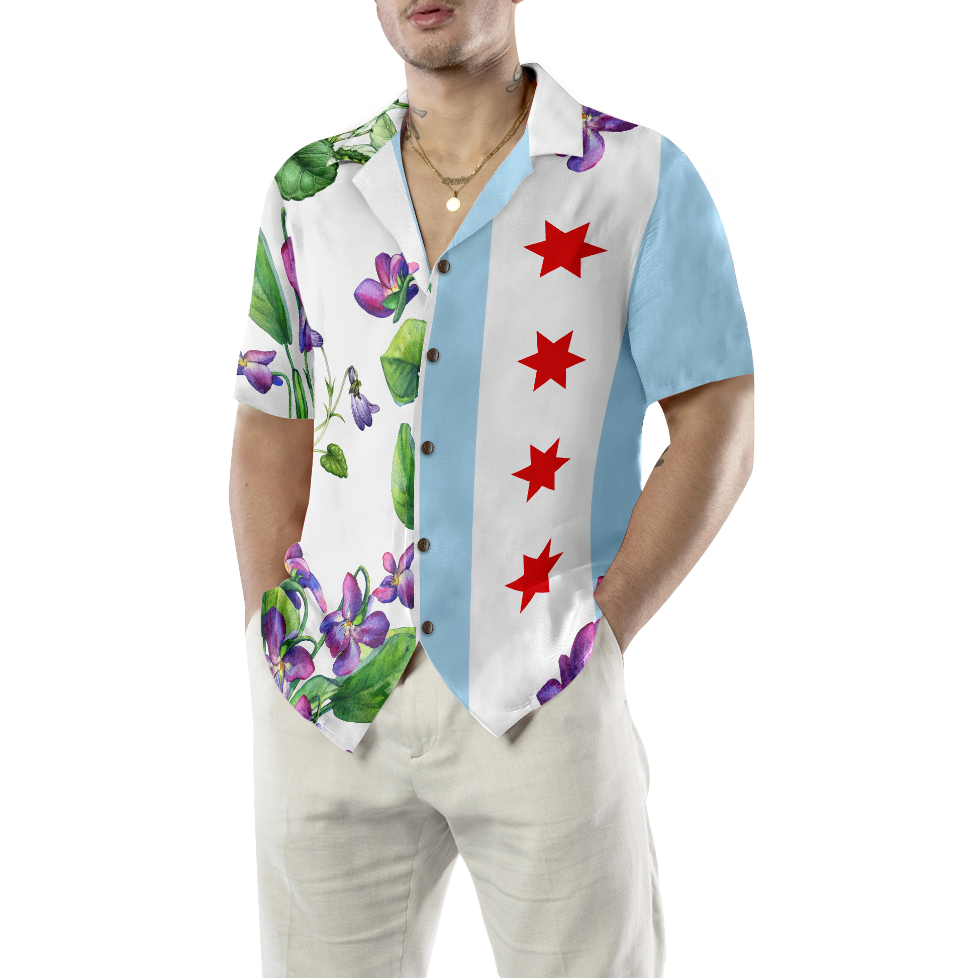 Chicago Flag Viola sororia Hawaiian Shirt, Best Gift For Husband, Wife, Boyfriend, Girlfriend, Friend, Family