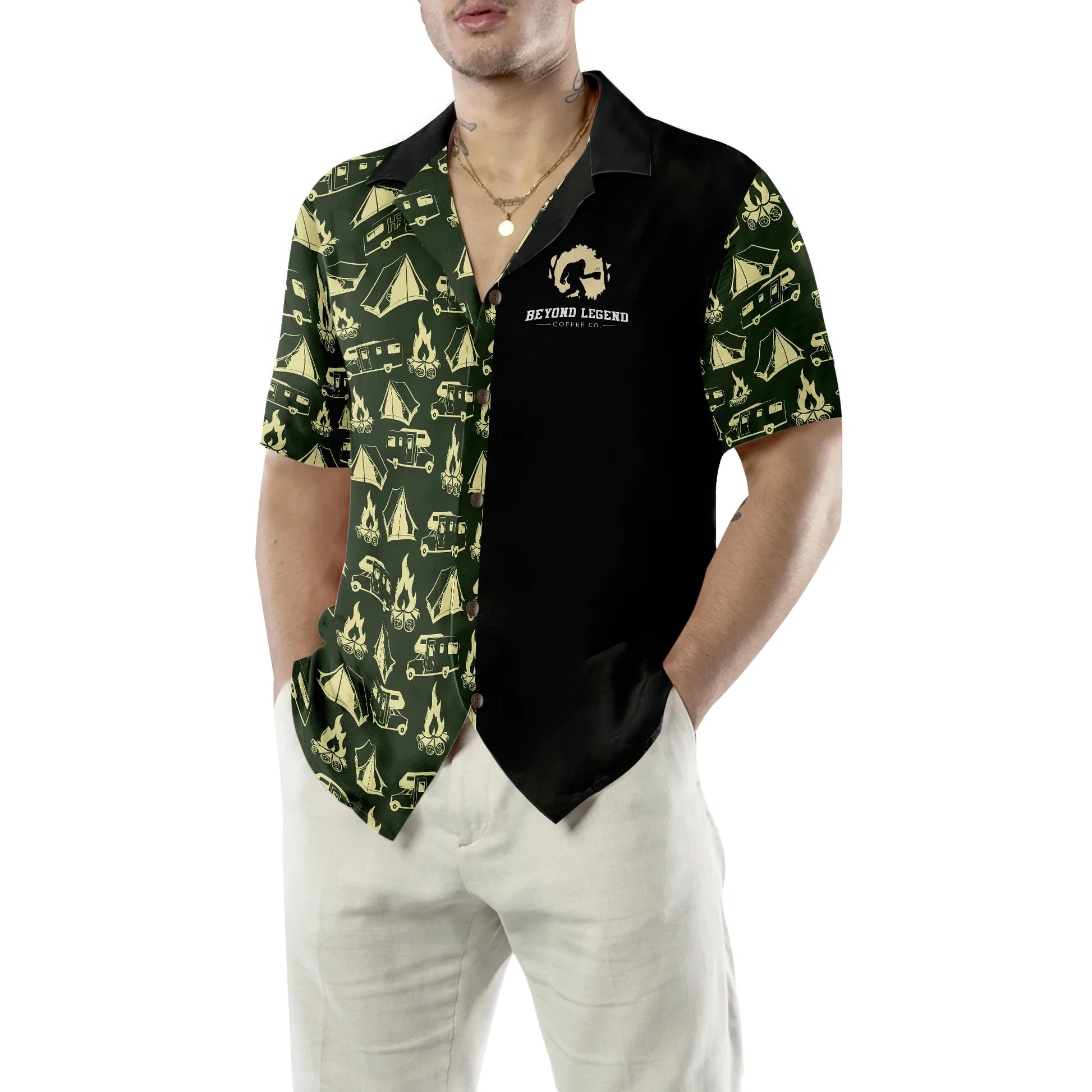 Camping Bigfoot Hawaiian Shirt, I Drink Coffee Beyond Legend Aloha Shirt For Men & Women, Best Gift For Camping Lovers, Husband, Wife, Boyfriend, Girlfriend
