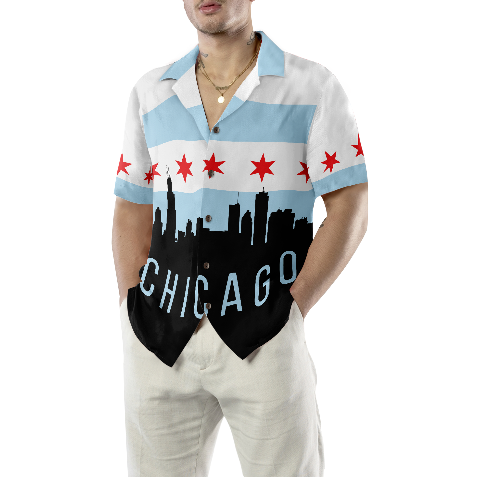 Chicago City Skyline Landmarks Hawaiian Shirt, Best Gift For Husband, Wife, Boyfriend, Girlfriend, Friend, Family