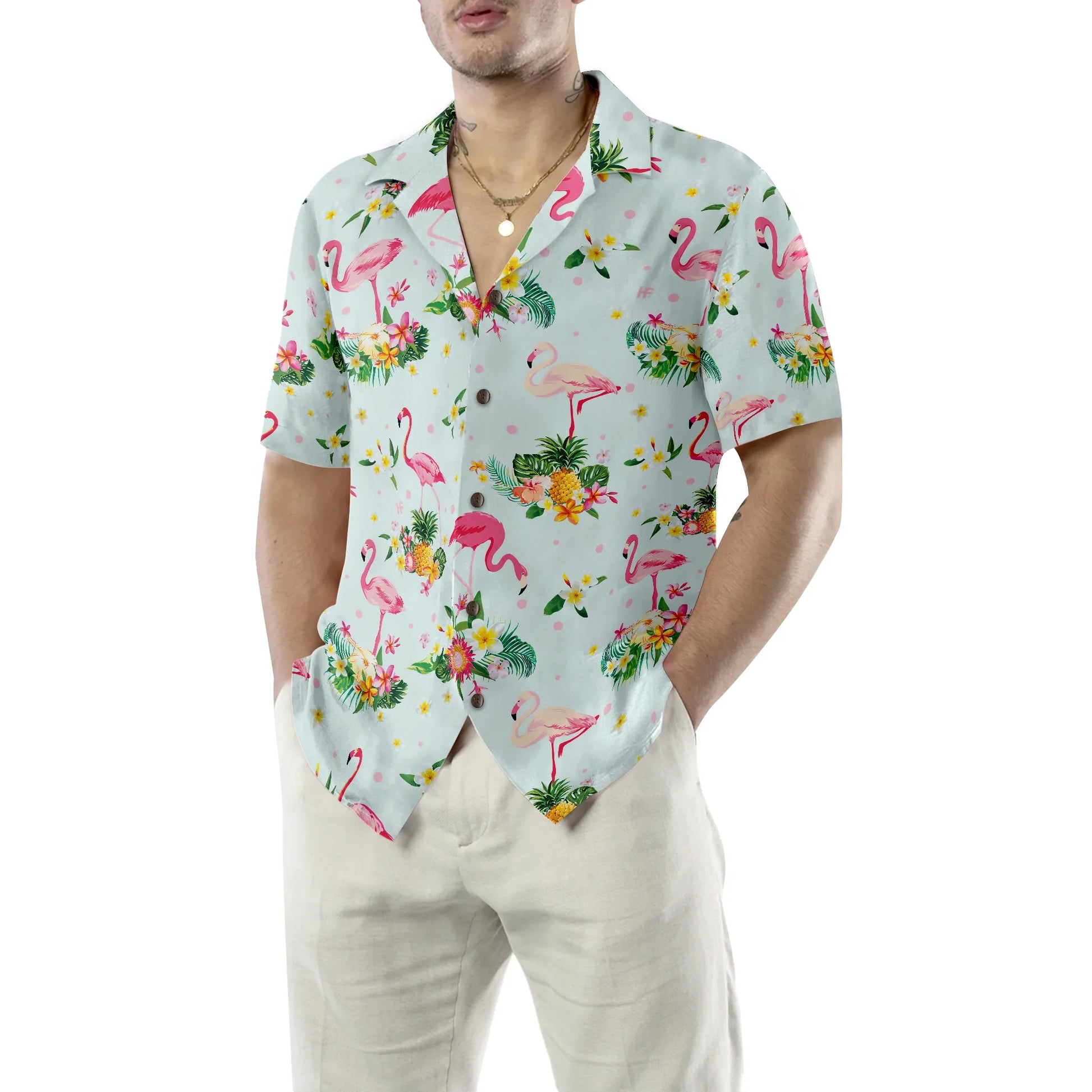 Beautiful Flamingo Shirt For Men Hawaiian Shirt, Tropical Summer, Tropical Flowers And Fruits Aloha Shirt For Men And Women, Perfect Gift For Flamingo Lovers, Friends, Husband, Boyfriend, Family