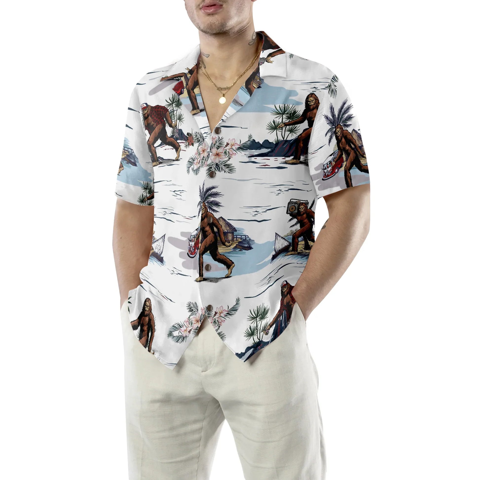 Bigfoots Are Ready For Summer Bigfoot Hawaiian Shirt, White Tropical Floral Bus Trip Bigfoot Shirt For Men, Best Gift For Men, Husband, Boyfriend