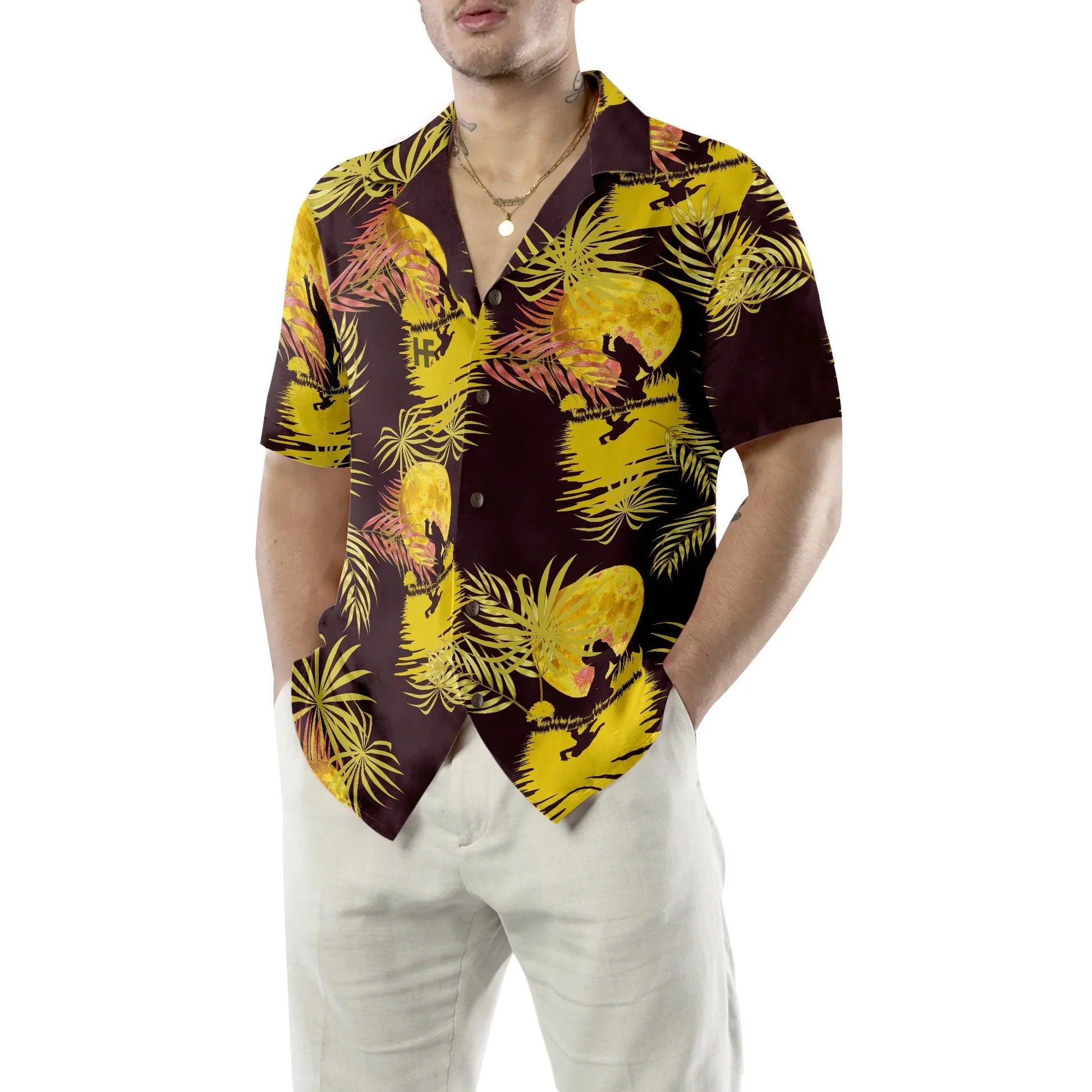 Bigfoot Tropical Yellow Moon Bigfoot Hawaiian Shirt, Purple And Yellow Dancing In The Moonlight Bigfoot Shirt For Men, Aloha Tropical Summer Shirt Gift For Men, Perfect Gift For Bigfoot Lovers, Friends, Husband, Boyfriend, Family
