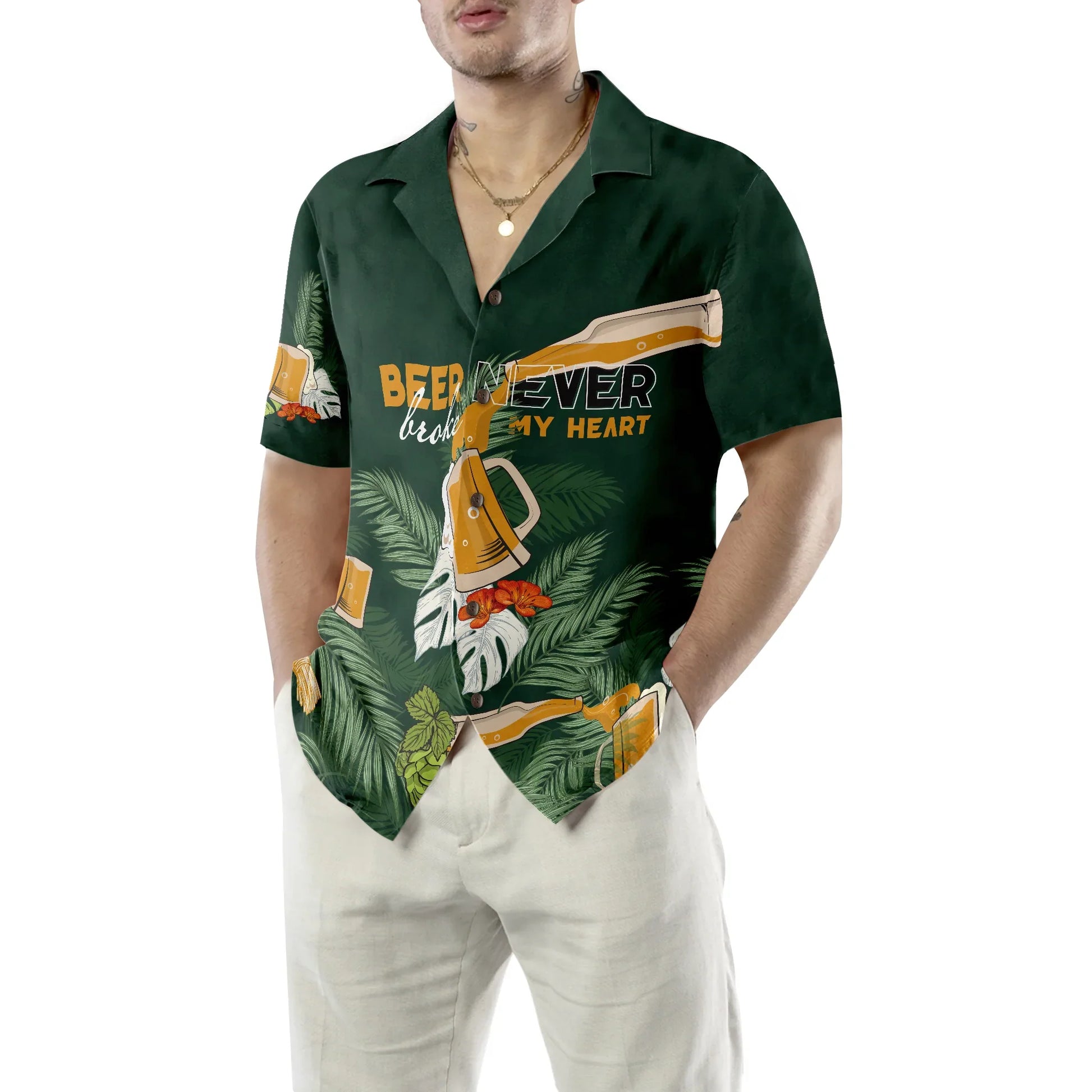Beer never broke my heart Hawaiian Shirt For Men, Beer Lovers Aloha Shirts, International Beer Day Shirt, Beer Tropical Summer, Tropical Flowers, Tropical Leaves For Men, Perfect Gift For Beer Lovers, Friends, Husband, Boyfriend, Family