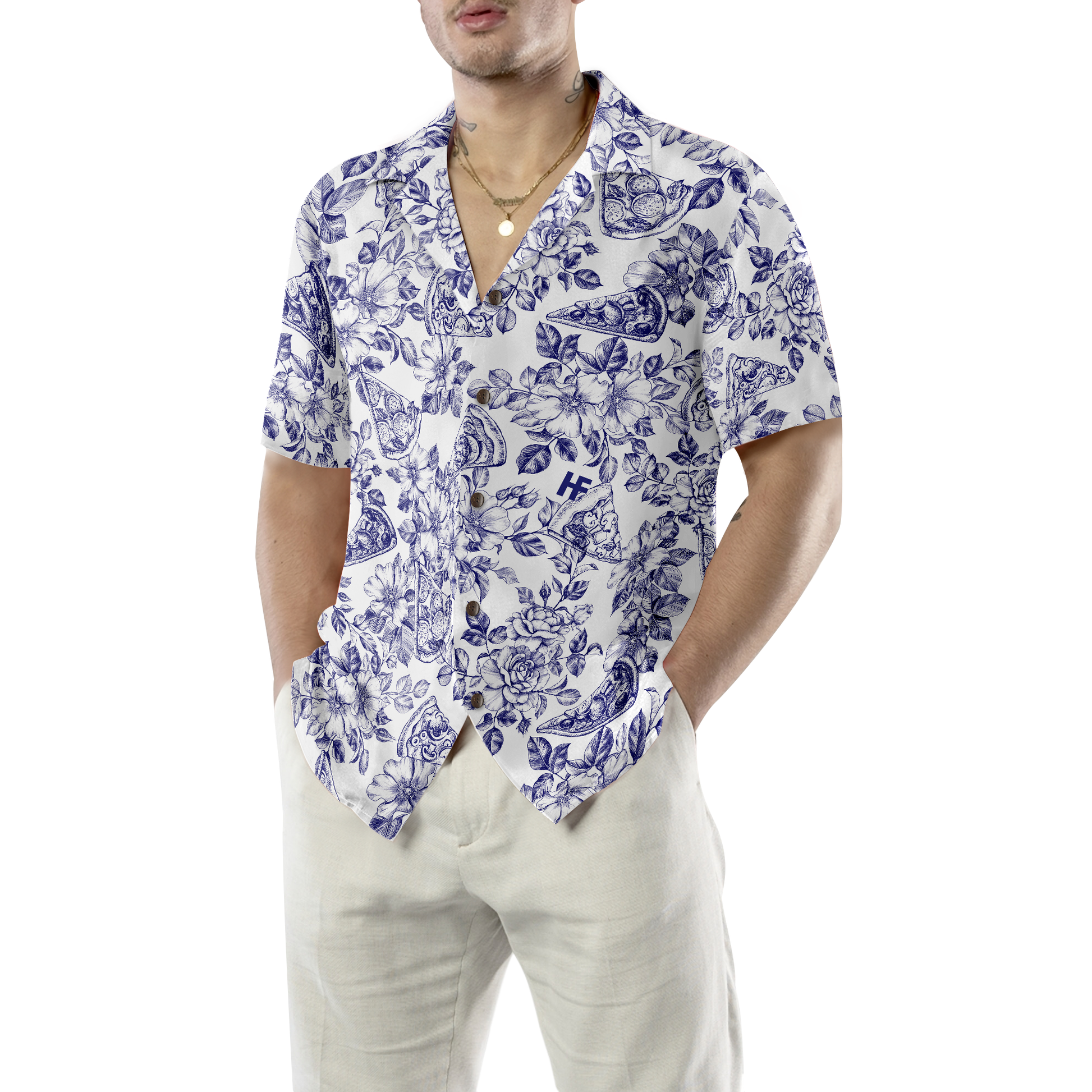 Blue Floral Pizza Pattern Shirt Hawaiian Shirt, Best Gift For lover, Friend, Family