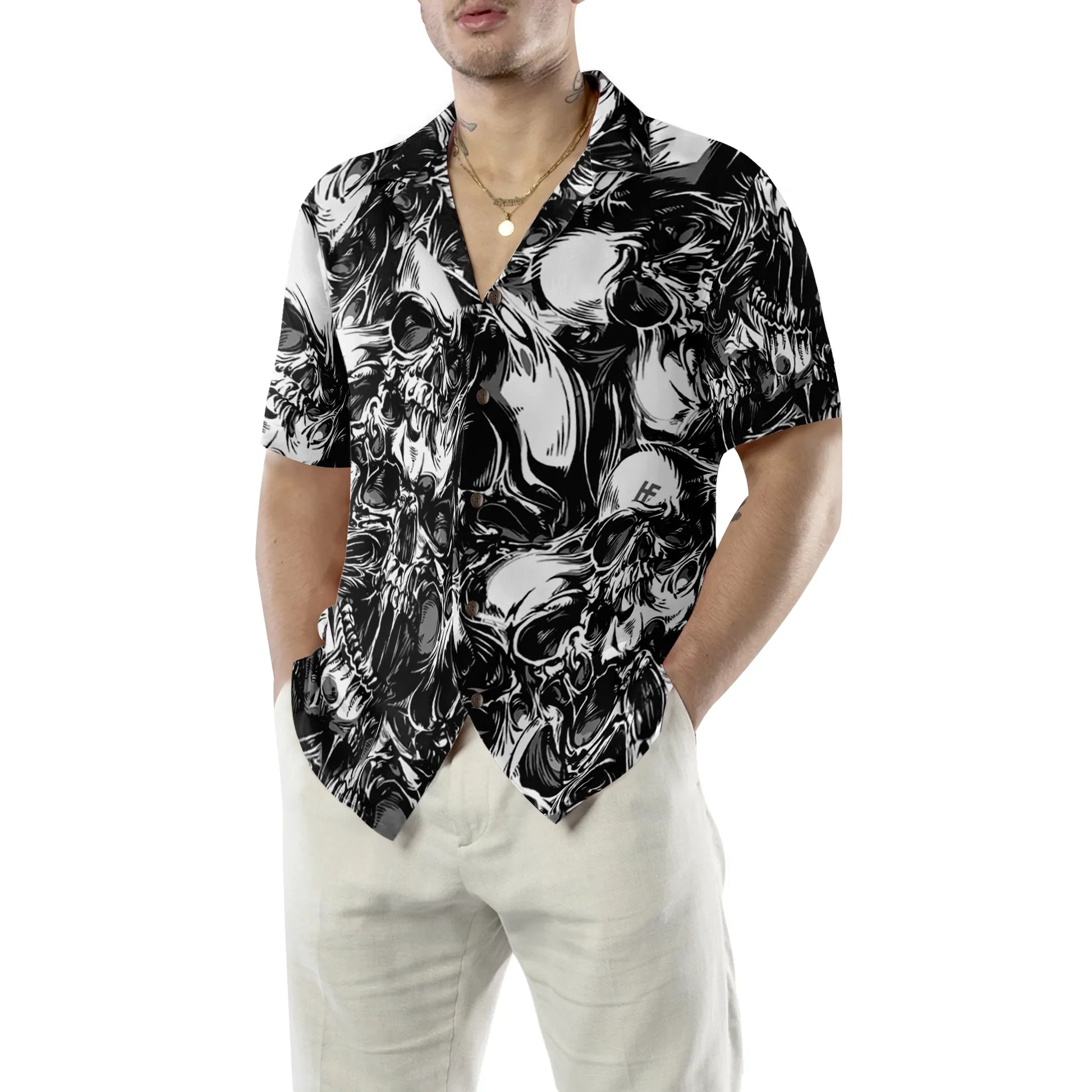 3D Skull Pattern Hawaiian Shirt, Halloween Aloha Shirt For Men, Perfect Gift For Friends, Husband, Boyfriend, Family