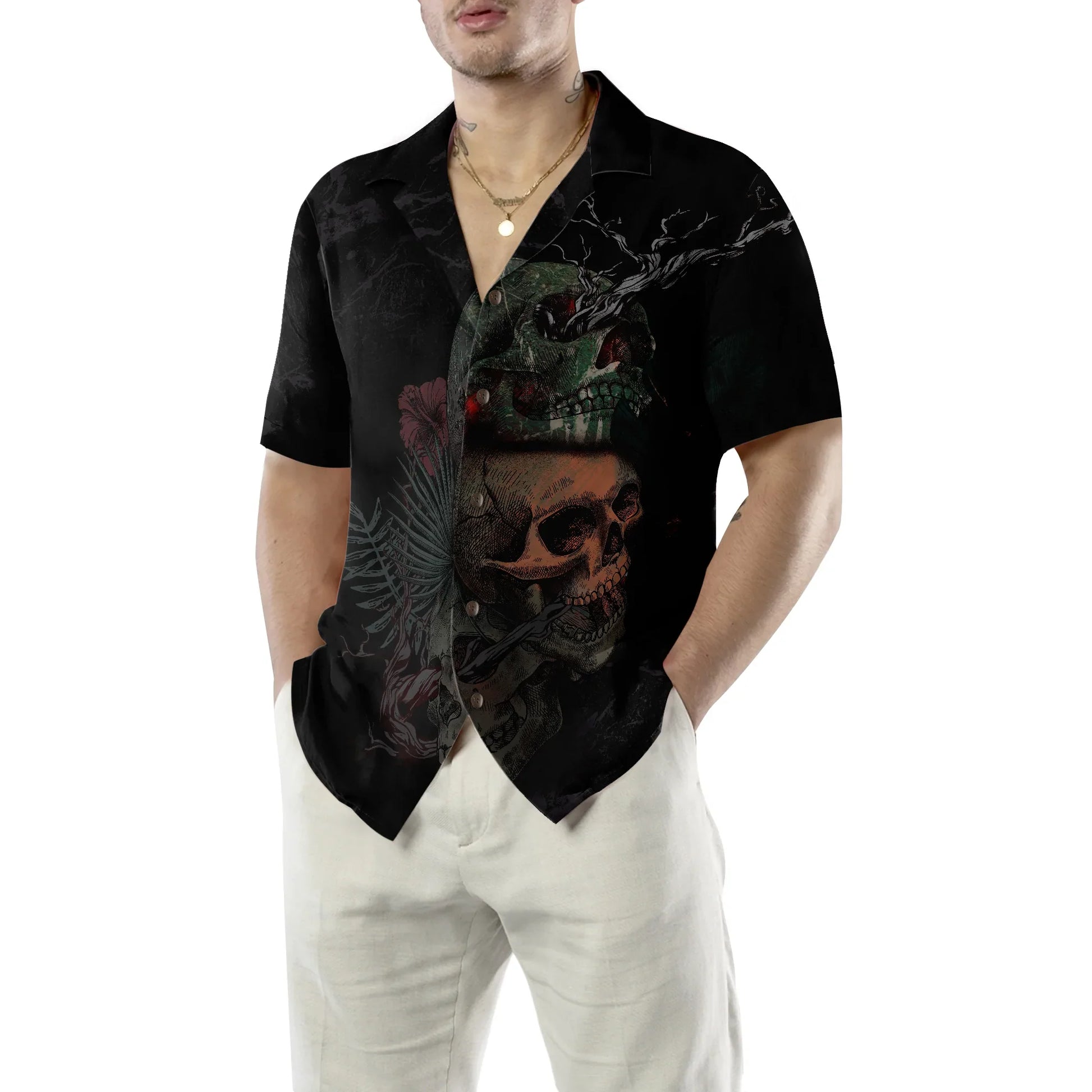 Artistic Gothic Skull With Flowers Goth Hawaiian Shirt, Black Aloha Shirt For Men, Best Gift For Summer, Husband, Boyfriend