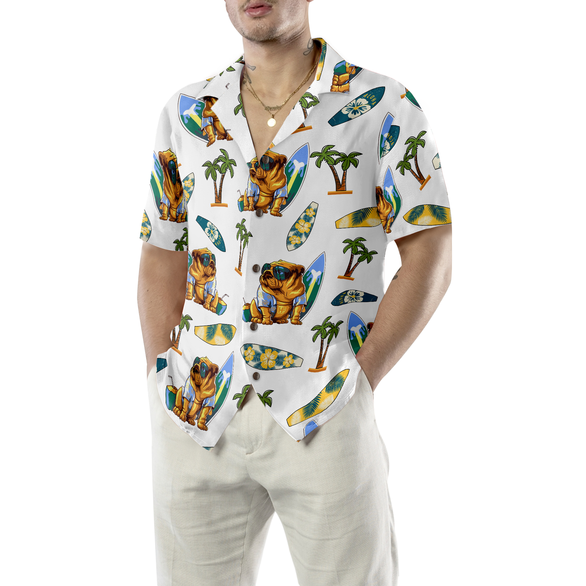 Bulldog Surf And Palm Hawaiian Shirt, Best Gift For Bulldog Lover, Friend, Family