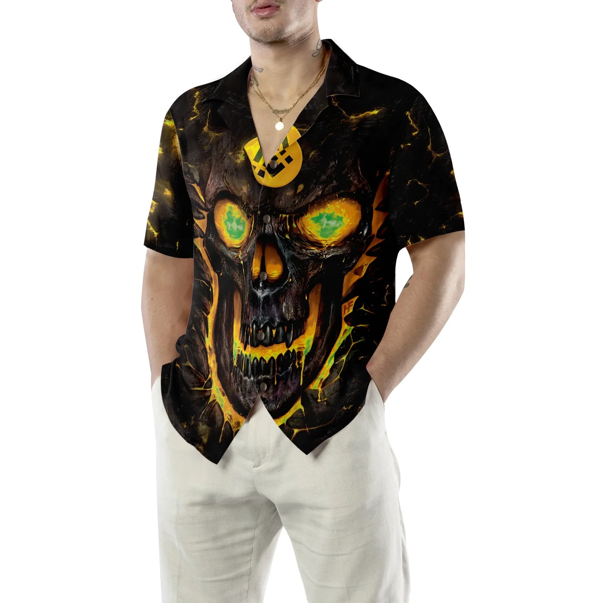 Binance Coin Skull Fire Hawaiian Shirt, Binance Coin Skull Aloha Shirt For Men - Perfect Gift For Bitcoin Lovers, Family, Friends, Husband, Boyfriend