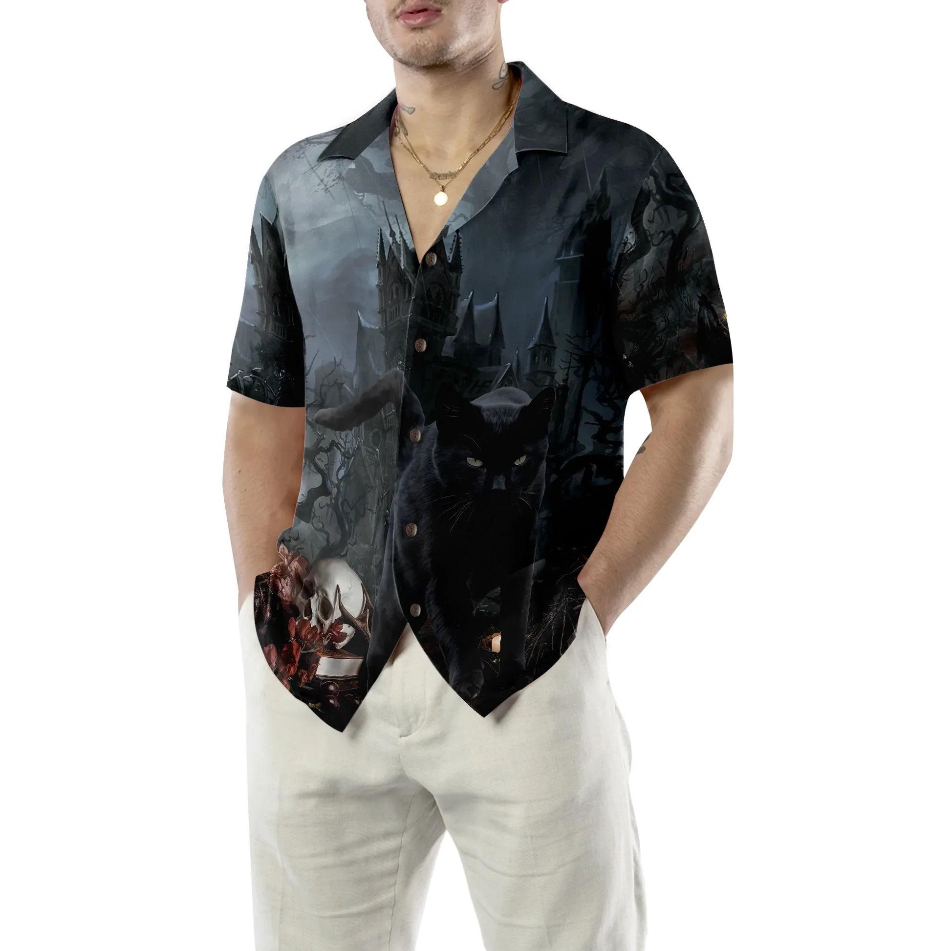 Black Cat In Spooky Halloween Hawaiian Shirt, Hawaiian Shirt For Men And Women - Perfect Gift Husband, Wife, Boyfriend, Girlfriend, Family, Friends