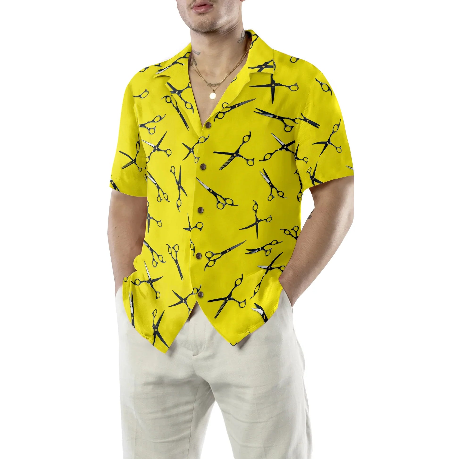 Barber Yellow Scissors Pattern Hawaiian Shirt, Scissors For Professional Barber Aloha Shirt Summer For Men, Best Gift For Barber, Summer, Husband, Boyfriend