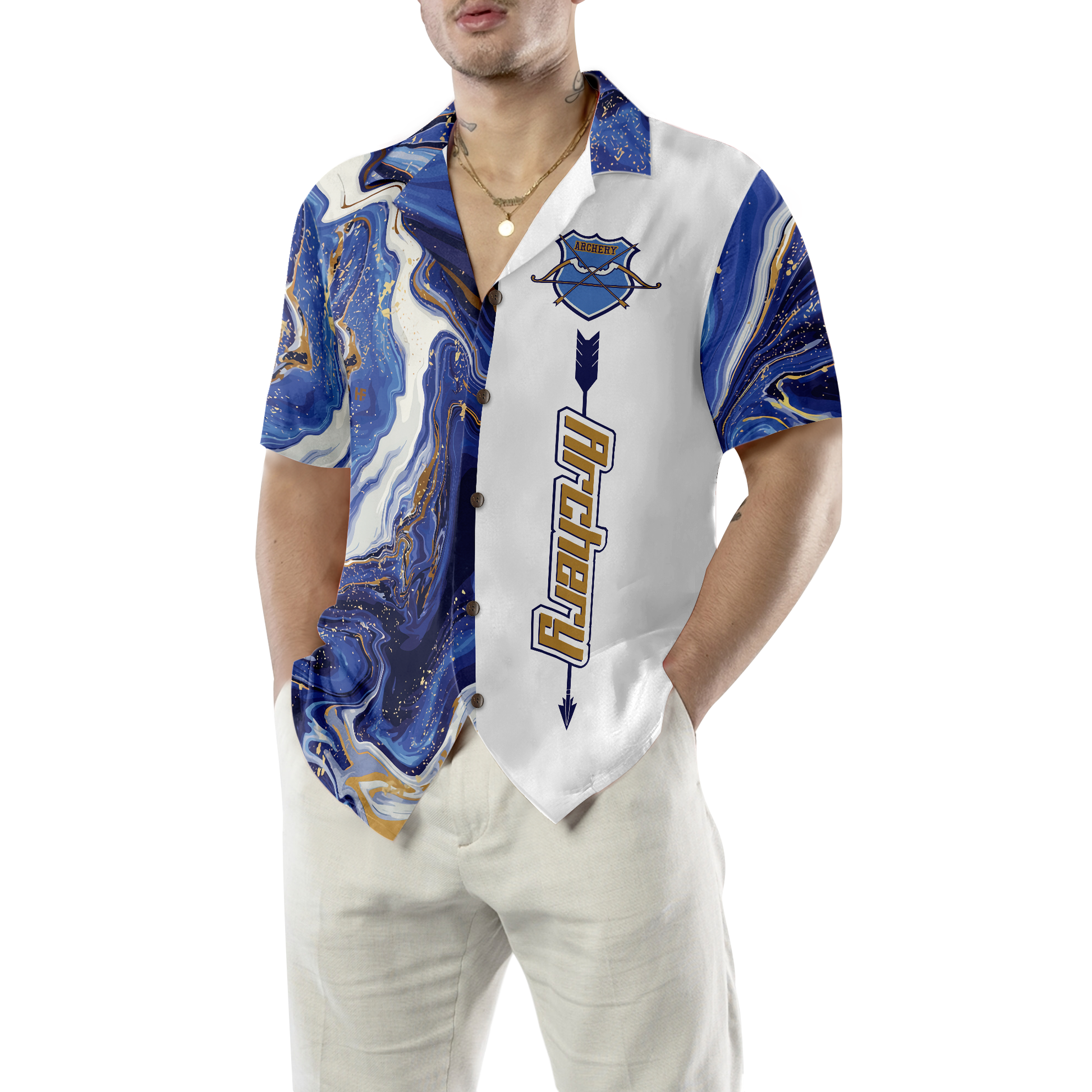 Blue Marble And Gold Archery Hawaiian Shirt, Best Gift For lover, Friend, Family