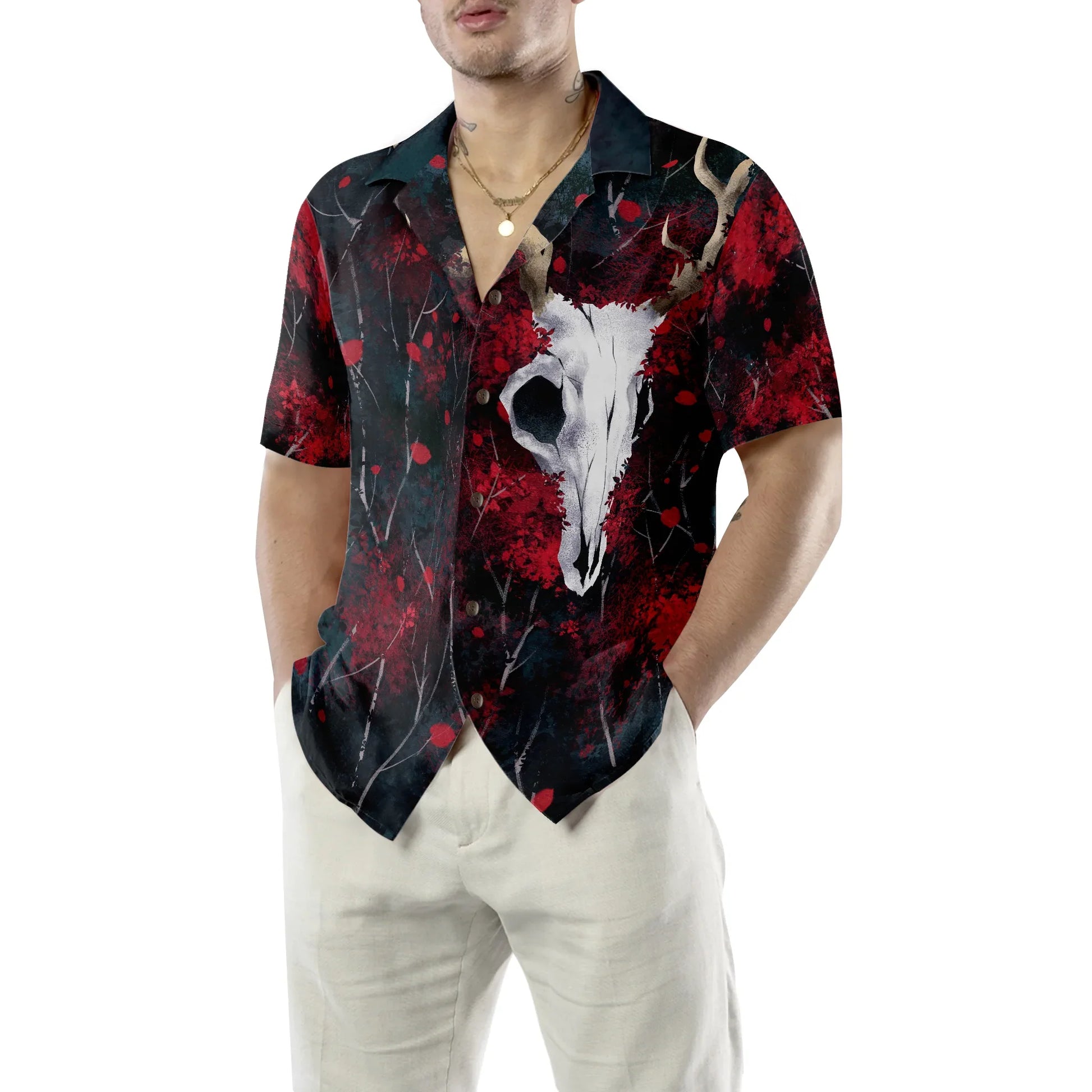 Artistic Gothic Skull Hawaiian Shirt, Black and Red Goth Aloha Shirt For Men, Best Gift For Summer, Husband, Boyfriend