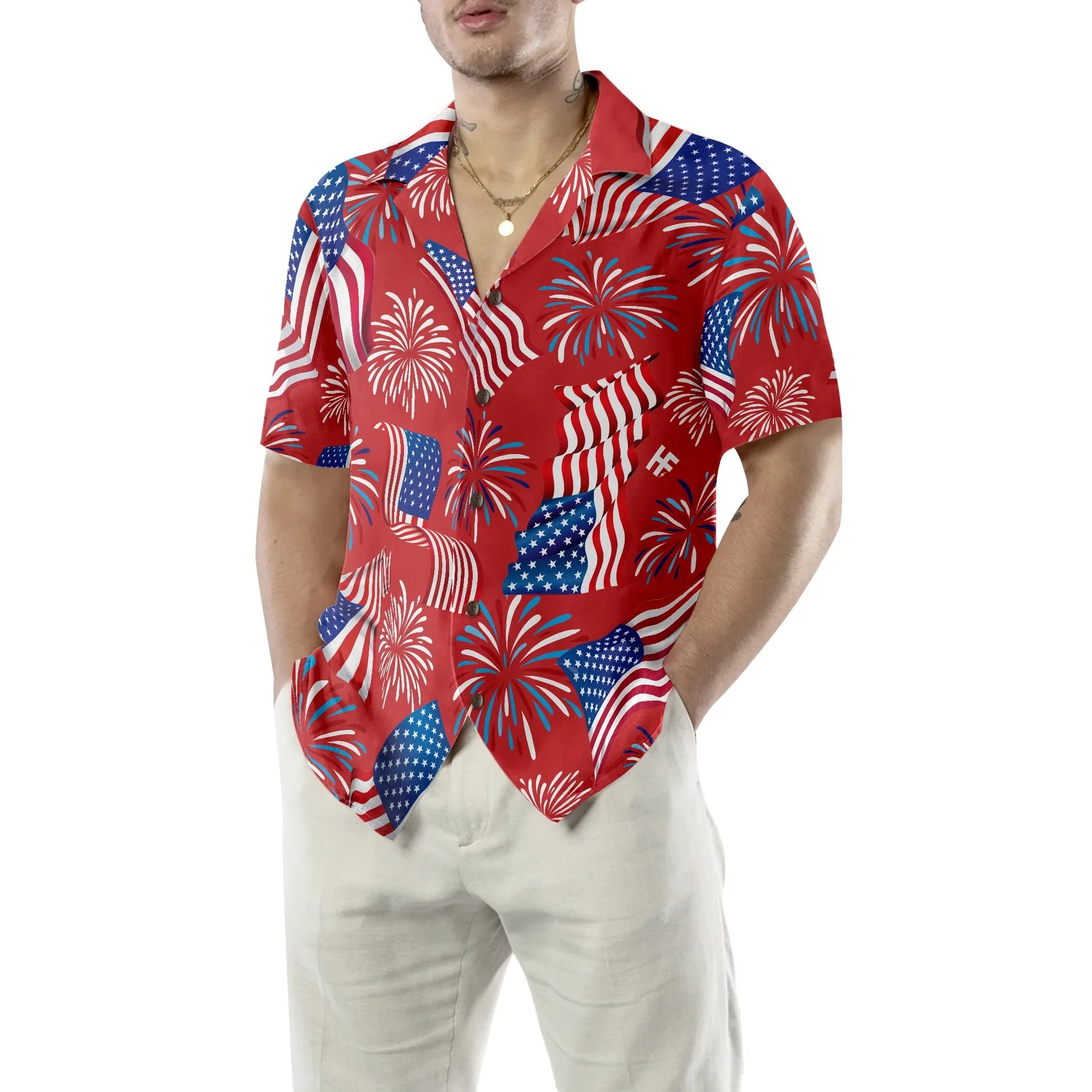 4th Of July America Flag Firework Patriotic Hawaiian Shirt, Happy Independence Day US Flag Aloha Shirt For Men, Perfect Gift For Patriots, Friends, Husband, Boyfriend, Family