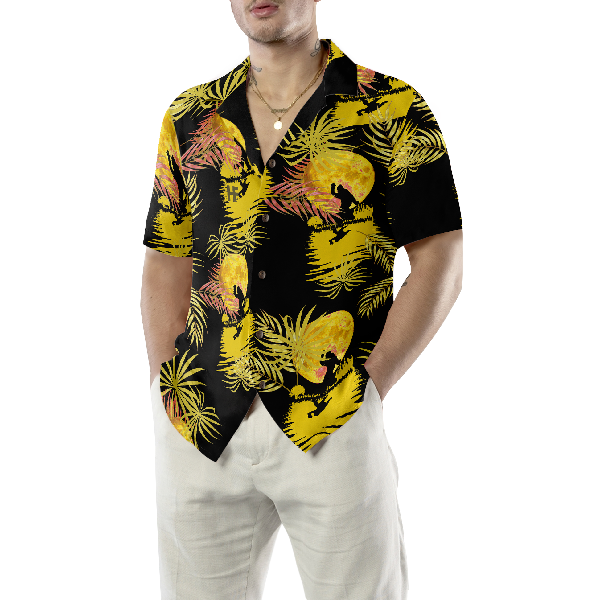 Bigfoot Tropical Yellow Moon Bigfoot Hawaiian Shirt, Black And Yellow Moonlight Bigfoot Shirt For Men - Perfect Gift For Friends, Husband, Boyfriend, Girlfriend, Family