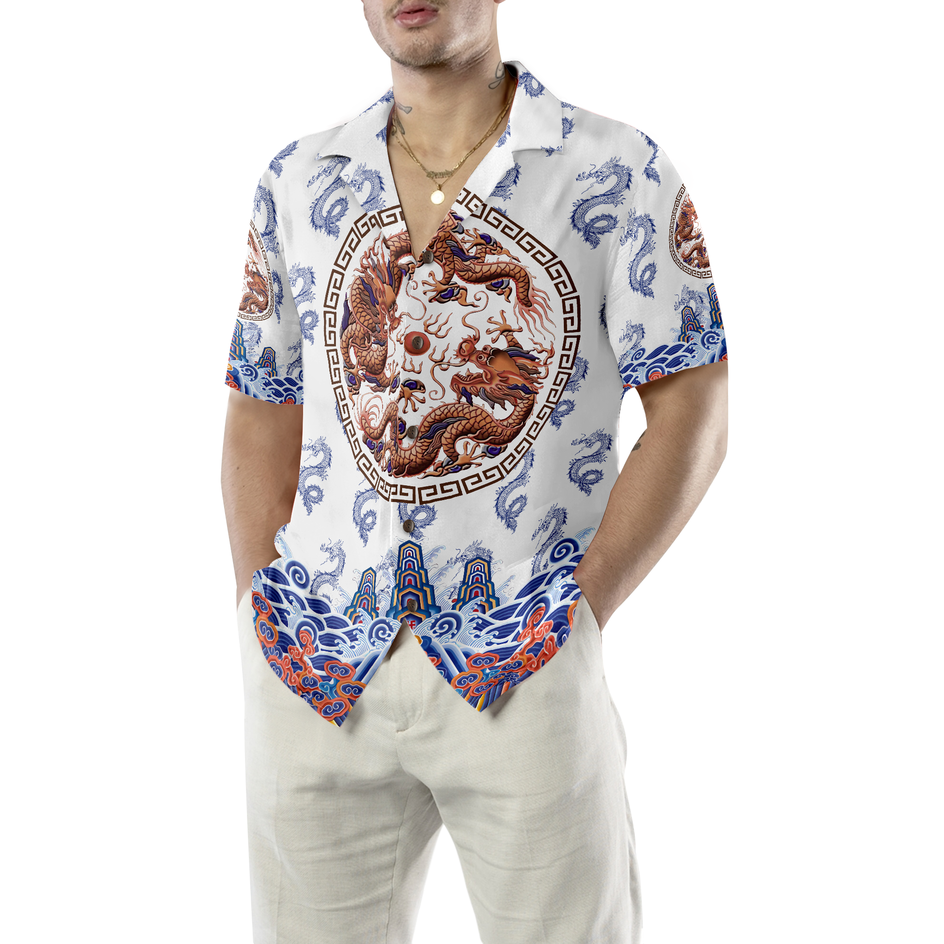 Chinoiserie Dragon White Hawaiian Shirt, Dragon Shirt For Men And Women, Best Gift For China Lover, Friend, Family