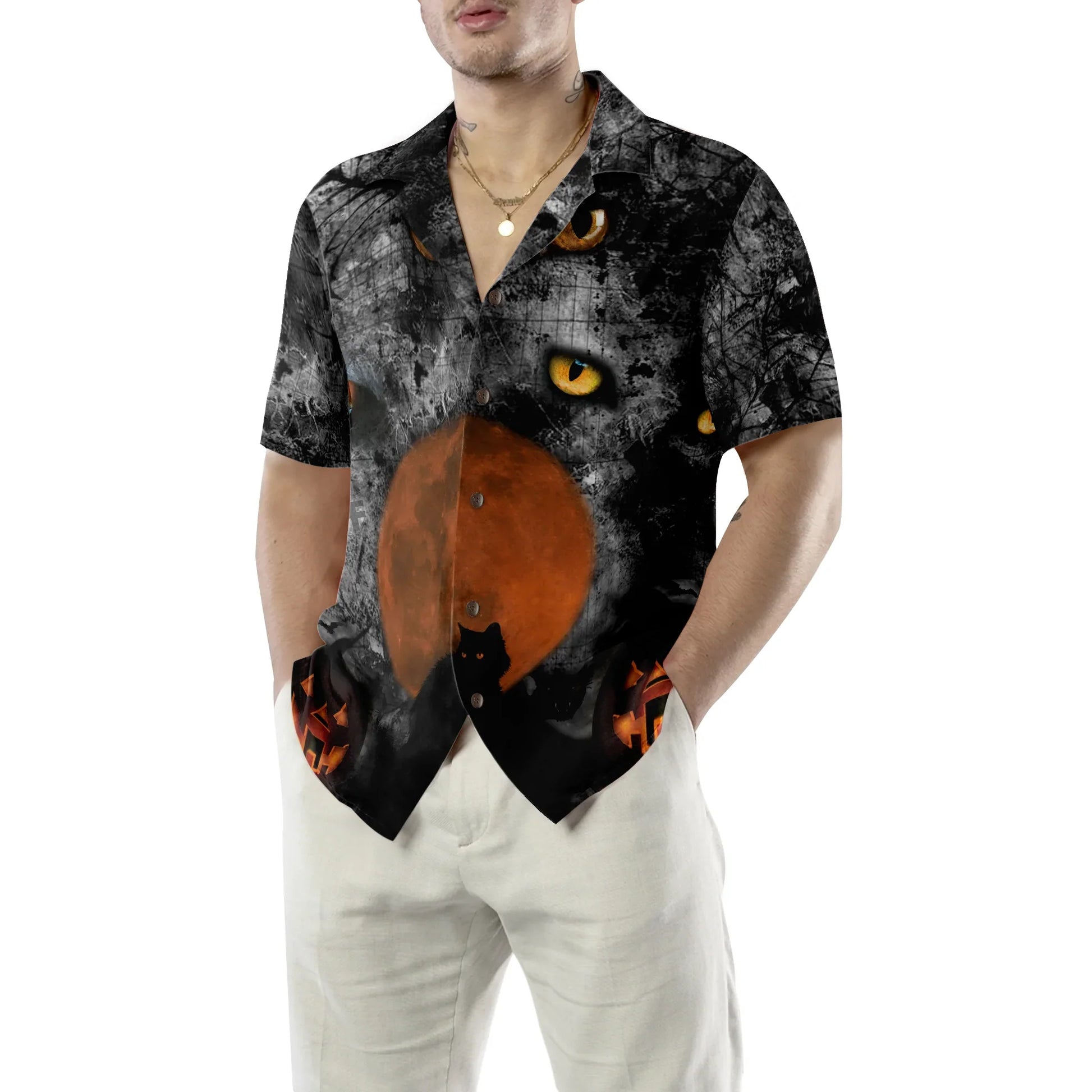 Black Cat Halloween Hawaiian Shirt, Hawaiian Shirt For Men And Women - Perfect Gift Husband, Wife, Boyfriend, Girlfriend, Family, Friends