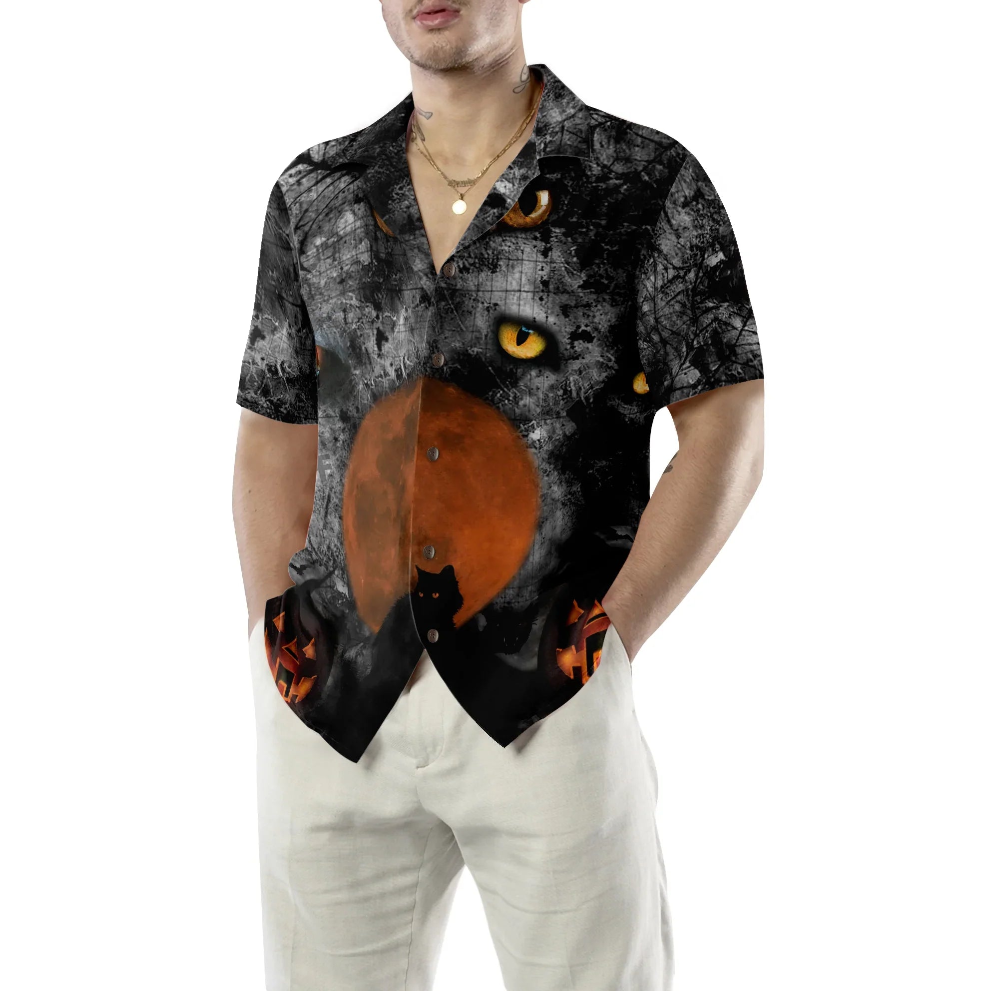 Black Cat Halloween Hawaiian Shirt, Hawaiian Shirt For Men And Women - Perfect Gift Husband, Wife, Boyfriend, Girlfriend, Family, Friends