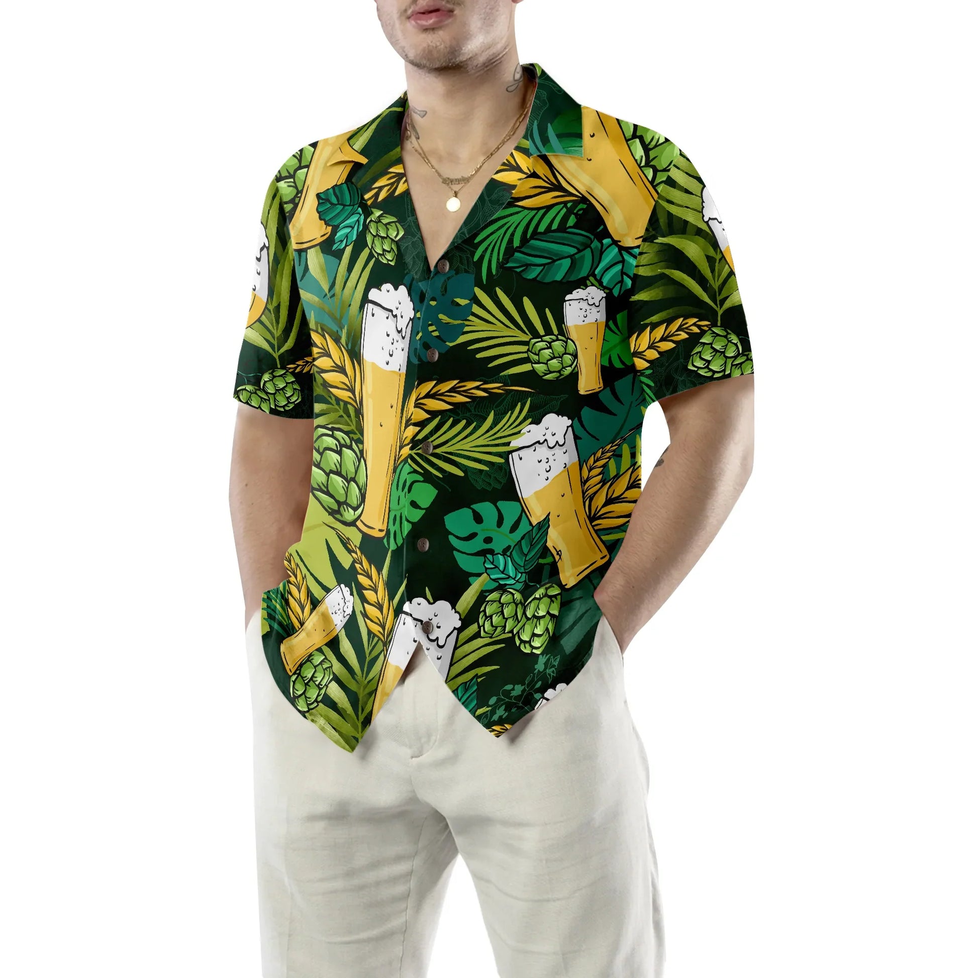 Beer Hawaiian Shirt For Men, Beer Lovers Aloha Shirts, Green Tropical Shirt, Beer Tropical Summer Aloha Shirt For Men, Perfect Gift For Men Lovers, Friends, Husband, Boyfriend, Family