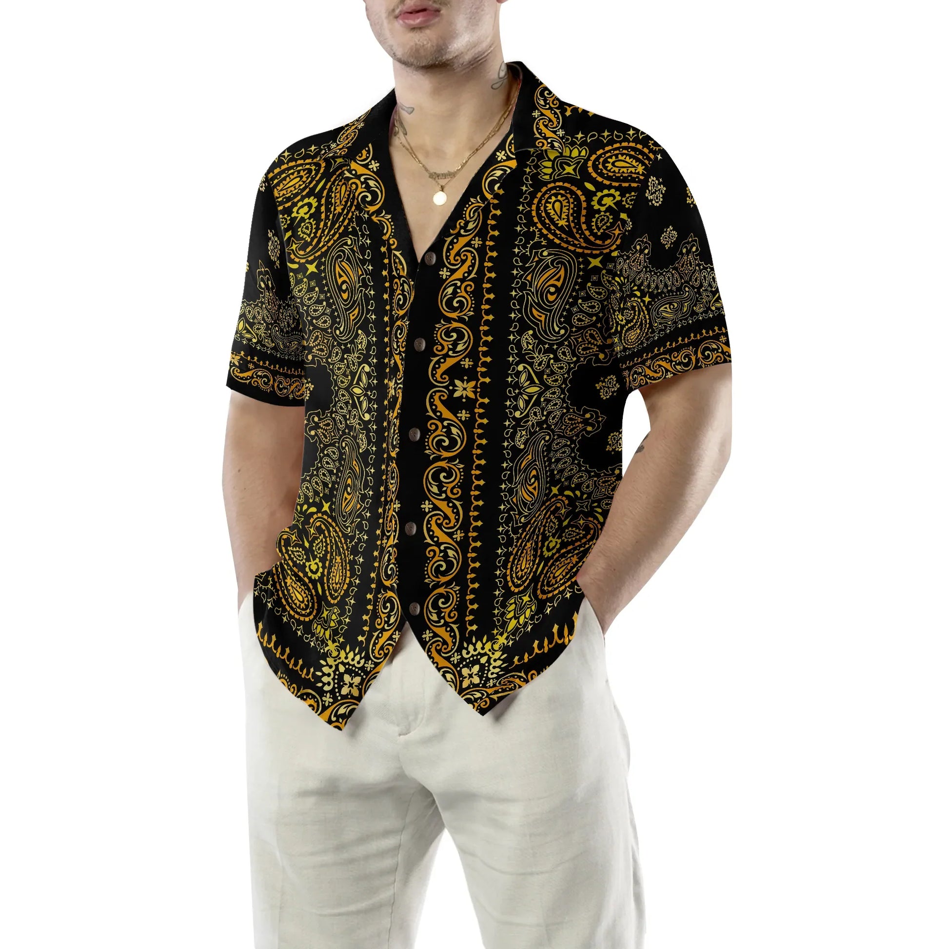 Barber Bandana Style Gold Hawaiian Shirt, Paisley Aloha Shirt Summer For Men & Women, Best Gift For Barber, Summer, Husband, Boyfriend, Wife, Girlfriend