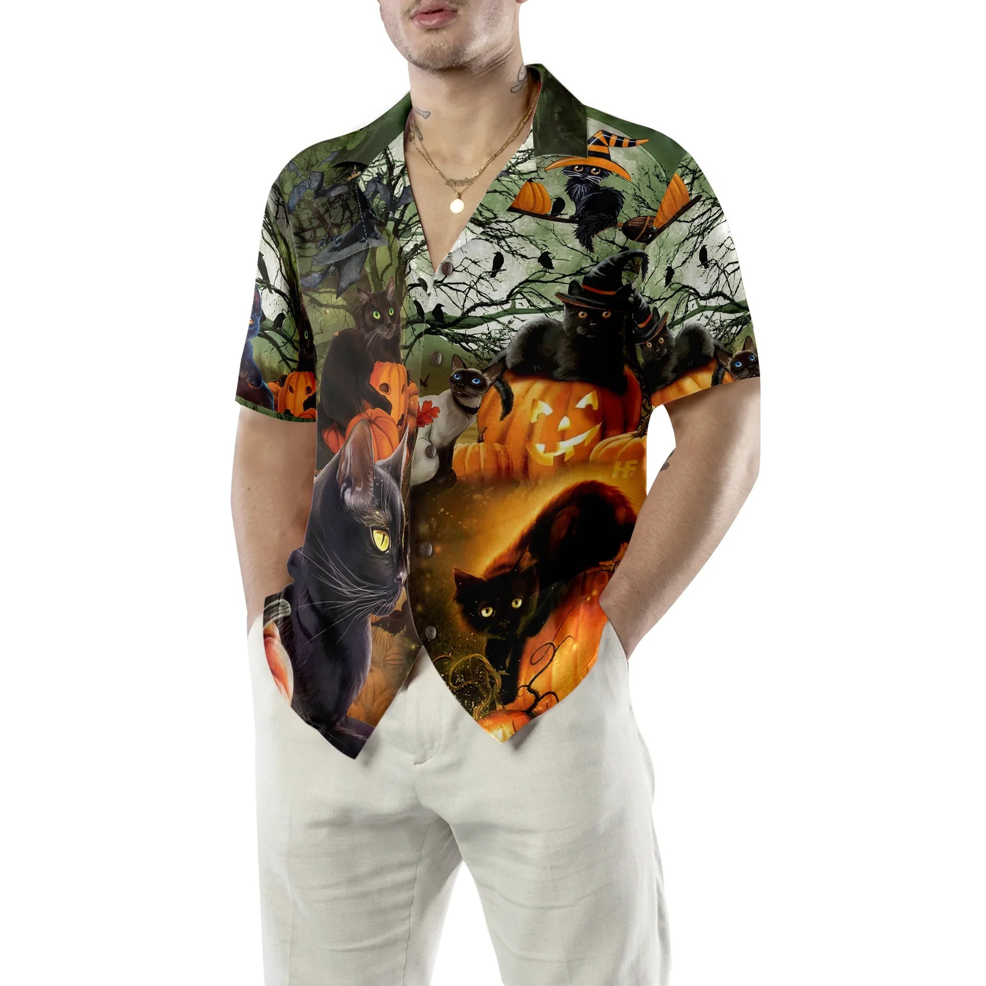 Black Cat And The Pumpkin Hawaiian Shirt, Halloween Hawaiian Shirt For Men And Women, Best Gift For Husband, Boyfriend, Friends, Family