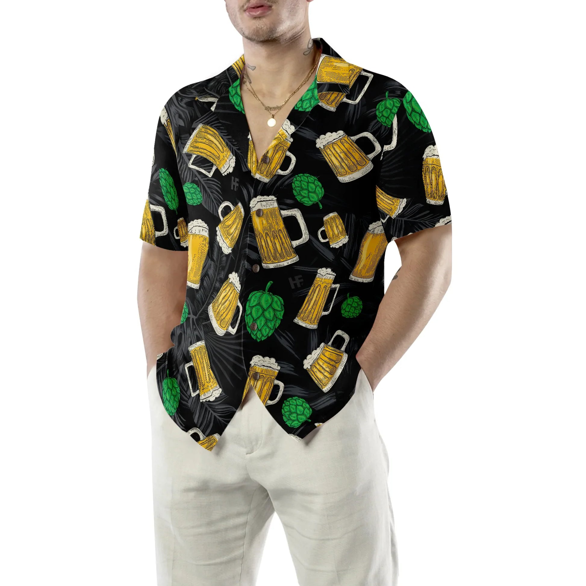 Beer Mugs And Hop Hawaiian Shirt, Beer Mug Yellow Tropical Summer Aloha Shirt For Men And Women, Perfect Gift For Beer Lovers, Friends, Husband, Boyfriend, Family