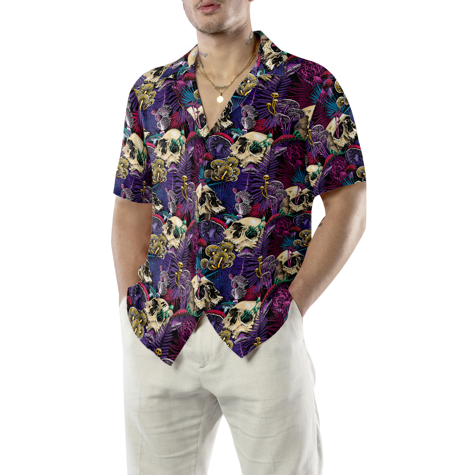 Bright Magic Psychedelic Mushrooms And Skulls Hawaiian Shirt, Gift For Friend, Family