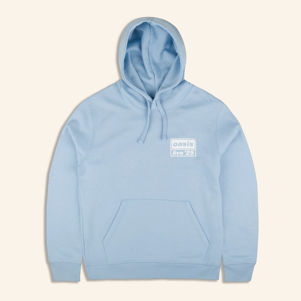 Oasis Merch 2025 Live 25 Distressed Tour Logo Hoodie Light Blue Presents For Boyfriend - Thriftgiftshop