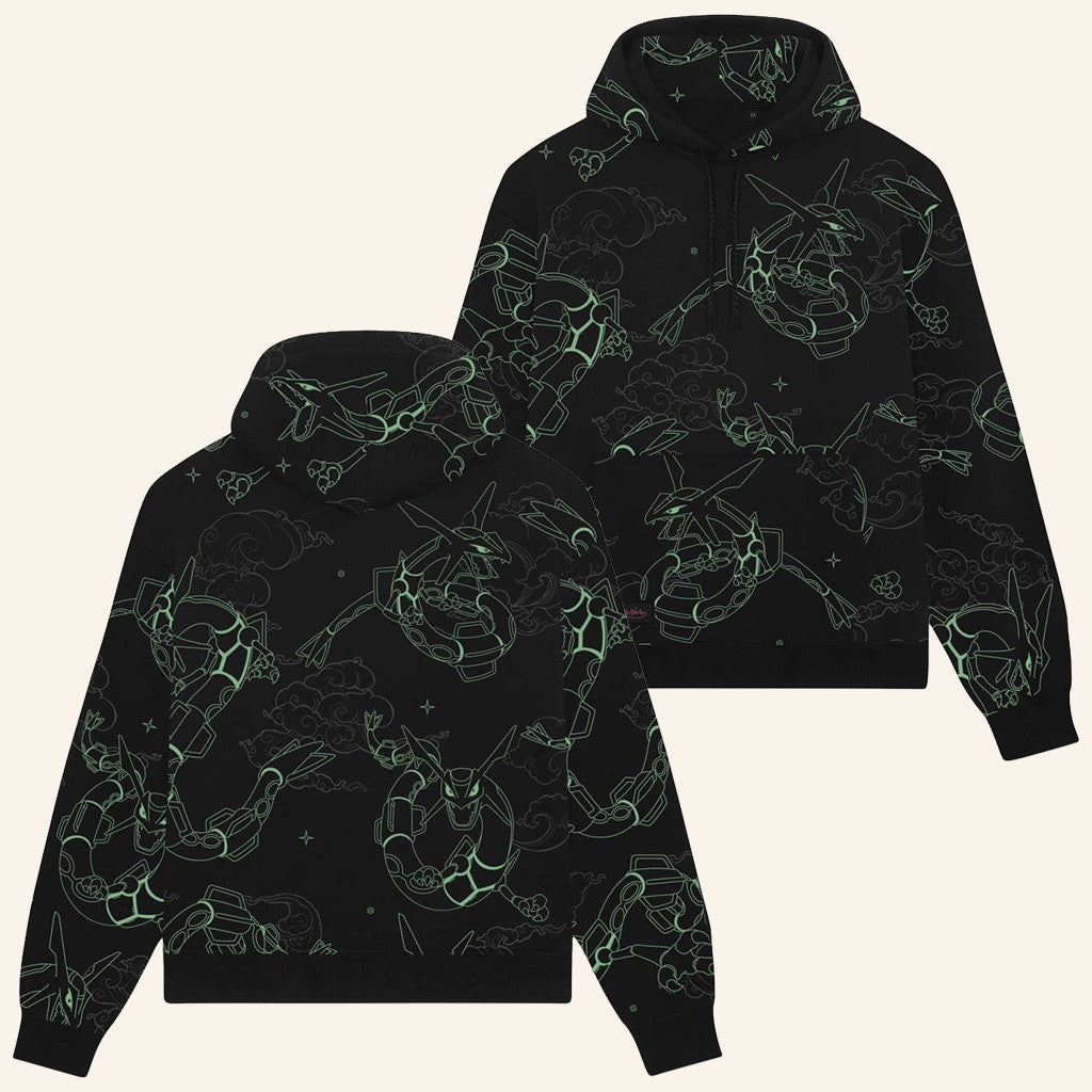 Pokemon Merch Pokemon x Dolly Noire Rayquaza Pattern Black Hoodie Birthday Gift For Son - Thriftgiftshop